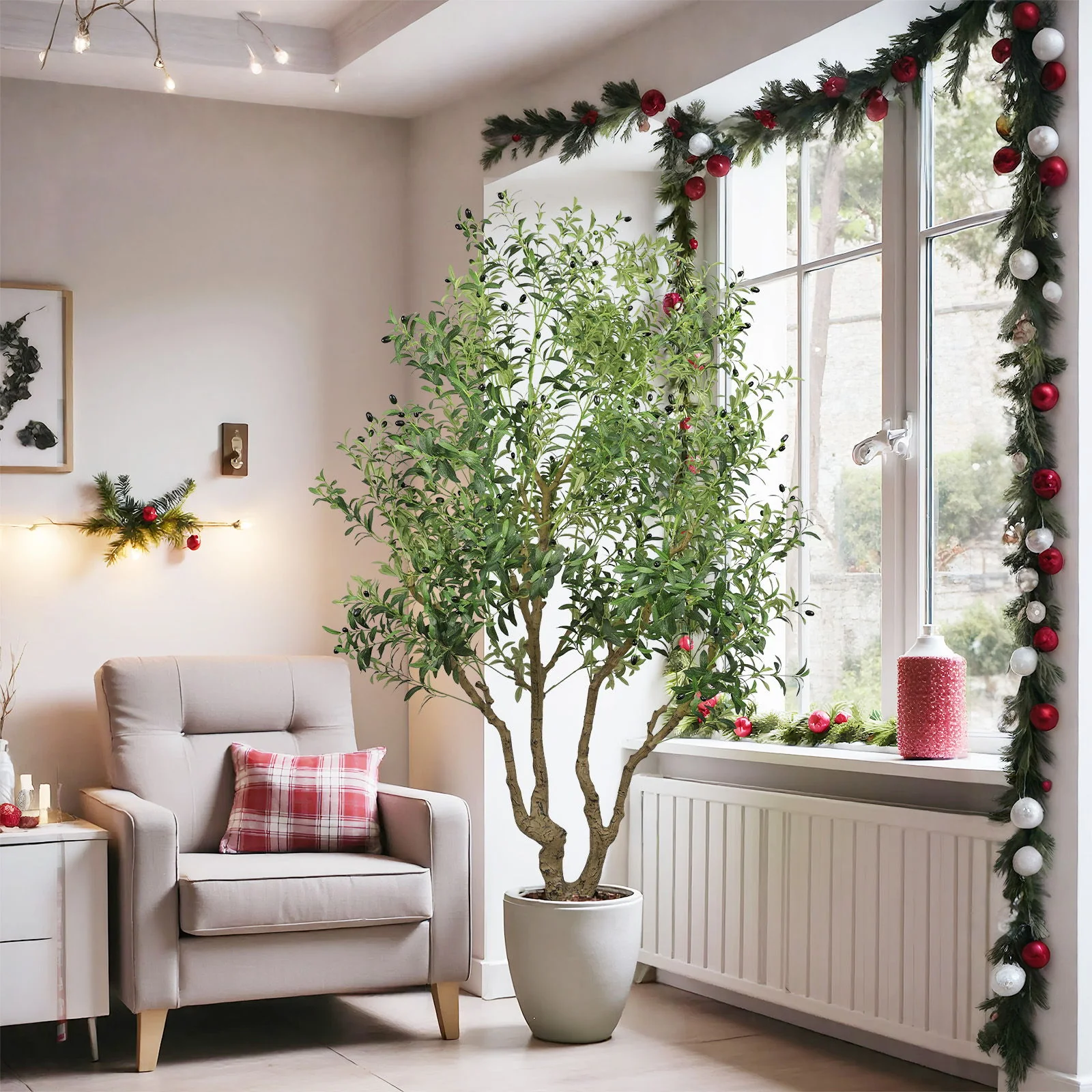Artificial Olive Tree Large With Trunk, Indoor / Outdoor Decorative Plant For Living Room - Green - Image 2