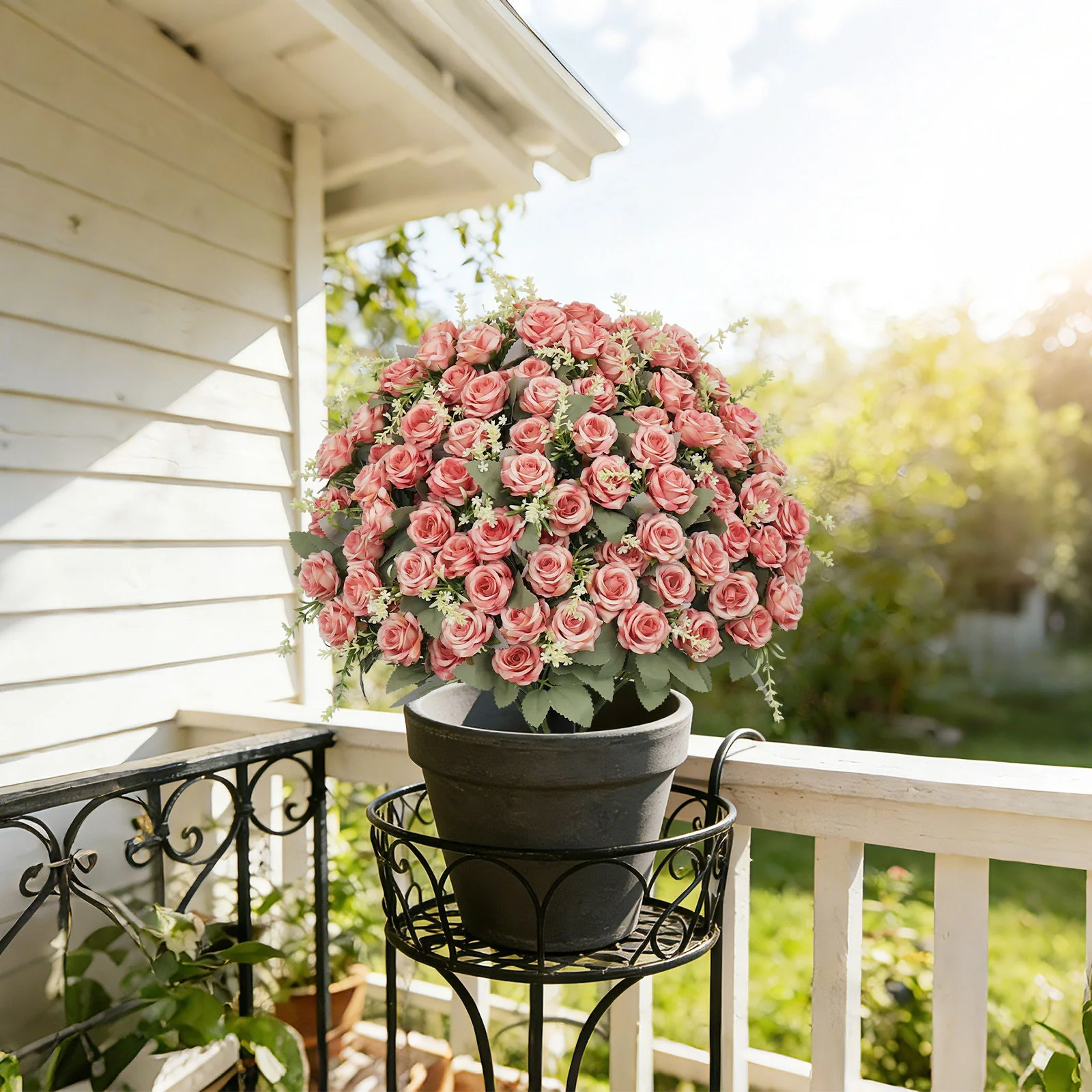 Artificial Rose Decoration With UV Resistant Silk Petals, Durable Stems In Cement Pot, Indoor Outdoor Potted Floral Arrangement - Green / Pink - Image 2