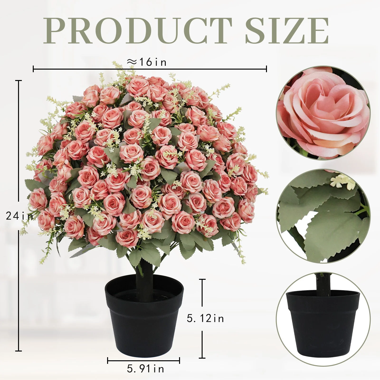 Artificial Rose Decoration With UV Resistant Silk Petals, Durable Stems In Cement Pot, Indoor Outdoor Potted Floral Arrangement - Green / Pink - Image 3