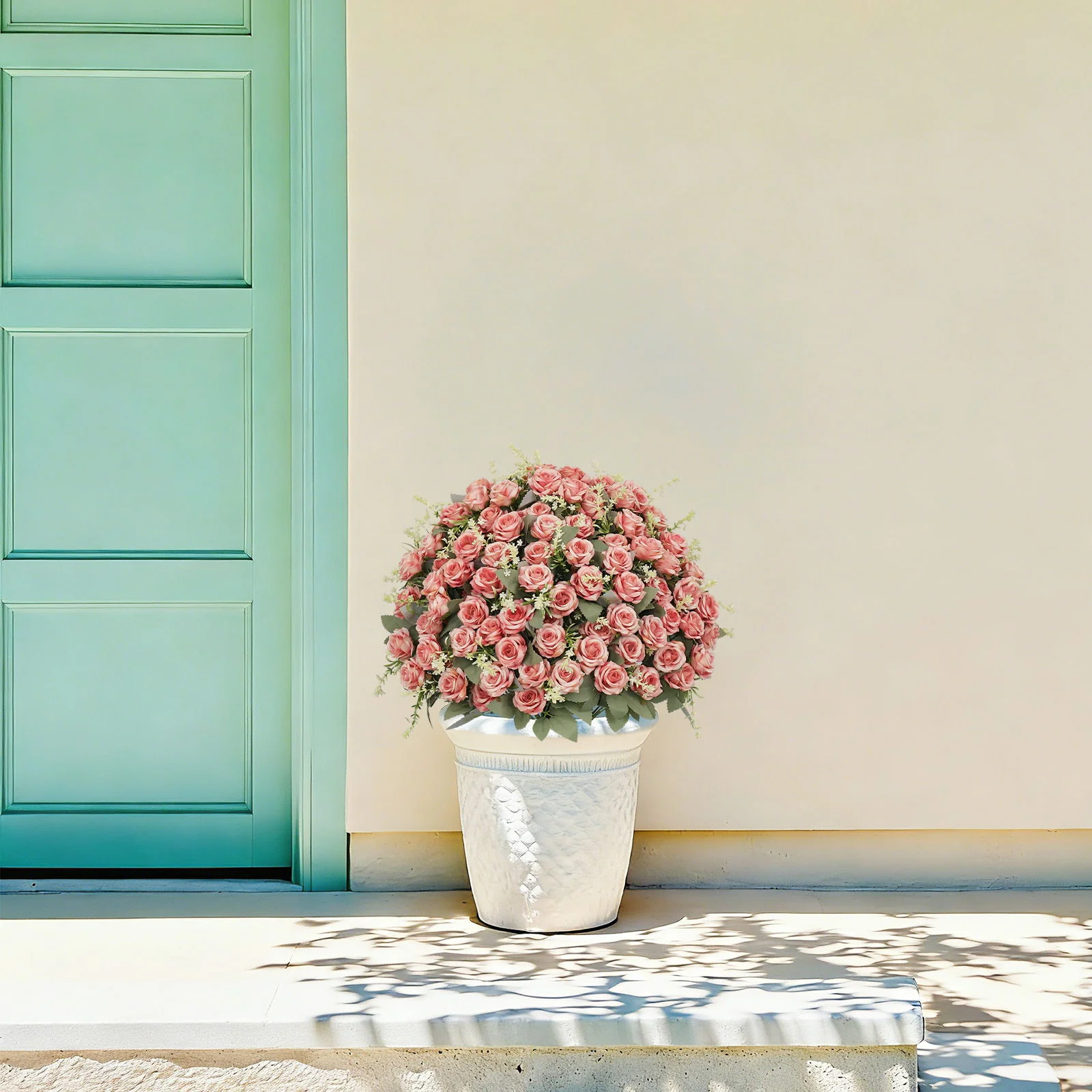 Artificial Rose Decoration With UV Resistant Silk Petals, Durable Stems In Cement Pot, Indoor Outdoor Potted Floral Arrangement - Green / Pink - Image 5