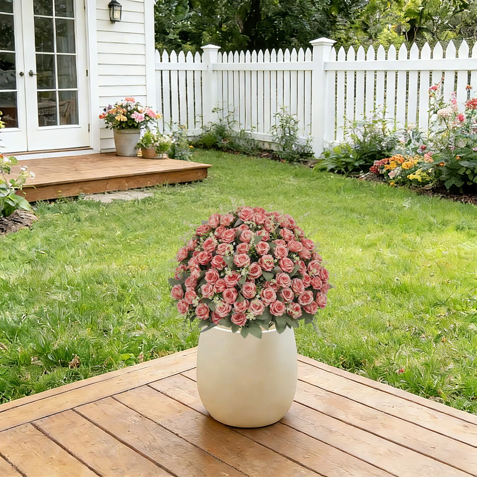 Artificial Rose Decoration With UV Resistant Silk Petals, Durable Stems In Cement Pot, Indoor Outdoor Potted Floral Arrangement - Green / Pink - Image 7