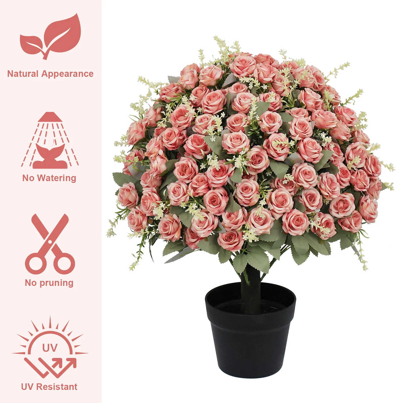 Artificial Rose Decoration With UV Resistant Silk Petals, Durable Stems In Cement Pot, Indoor Outdoor Potted Floral Arrangement - Green / Pink - Image 9