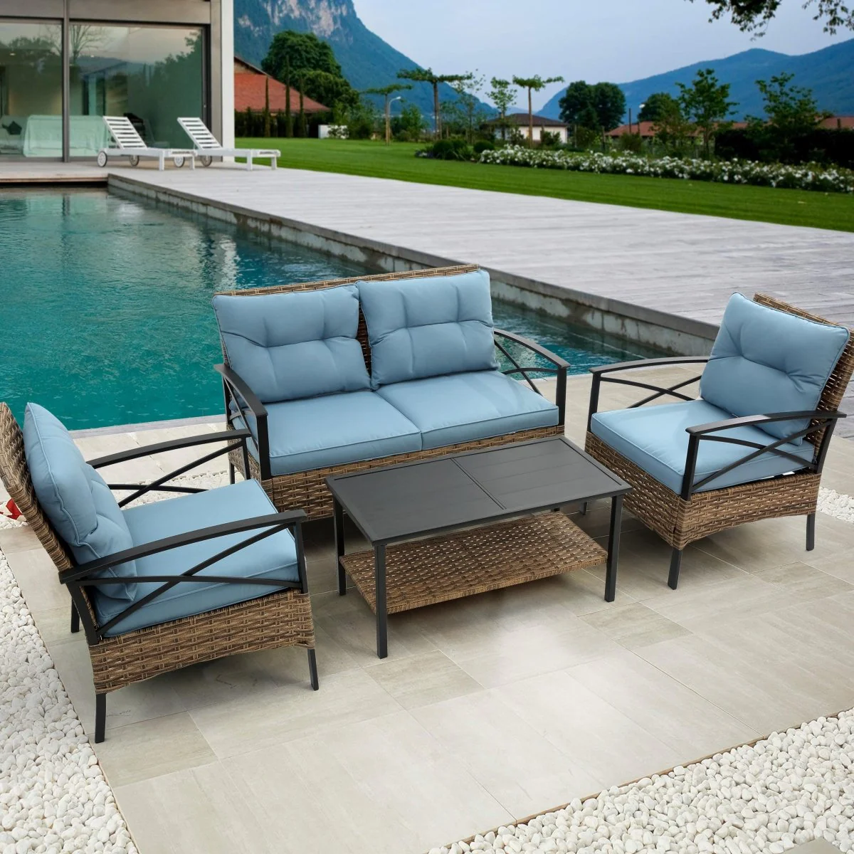 Arvello 4-Piece Wicker Patio Sofa Set with Low Dining Table - Image 2