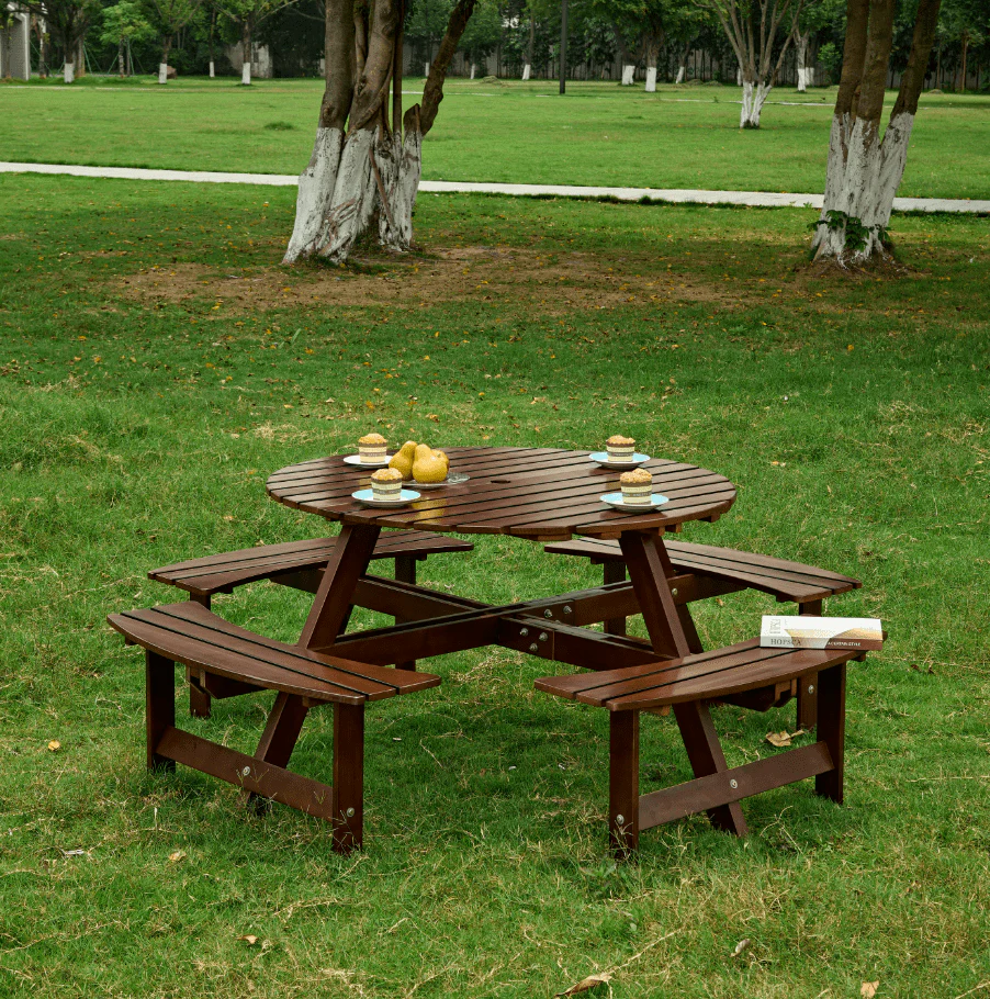 Ashford 8-Person Round Picnic Table with Benches in Light or Dark Brown - Image 9