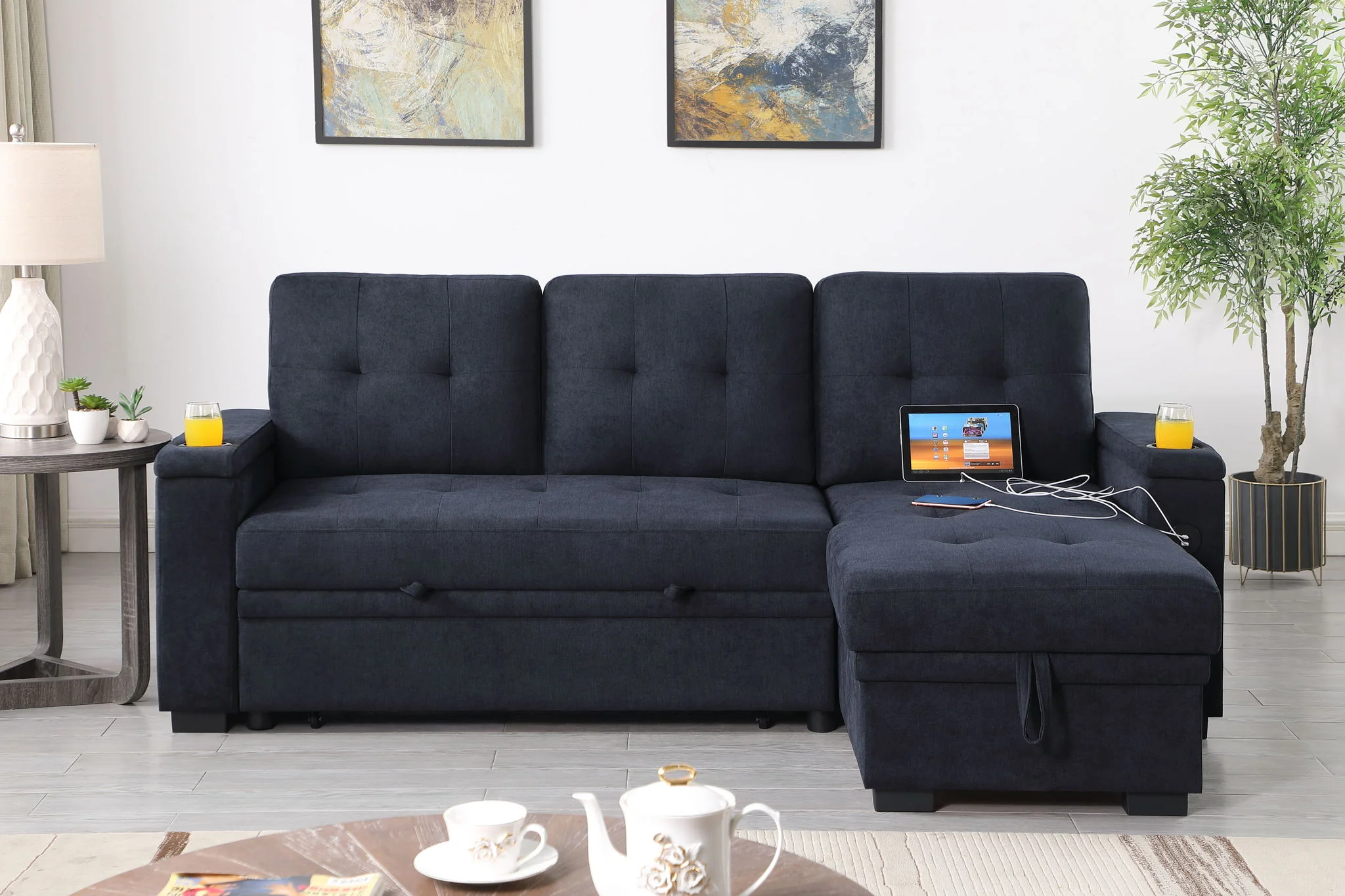 Ashlyn II - 84"W Woven Fabric Reversible Sleeper Sectional Sofa with Storage Chaise - Image 19