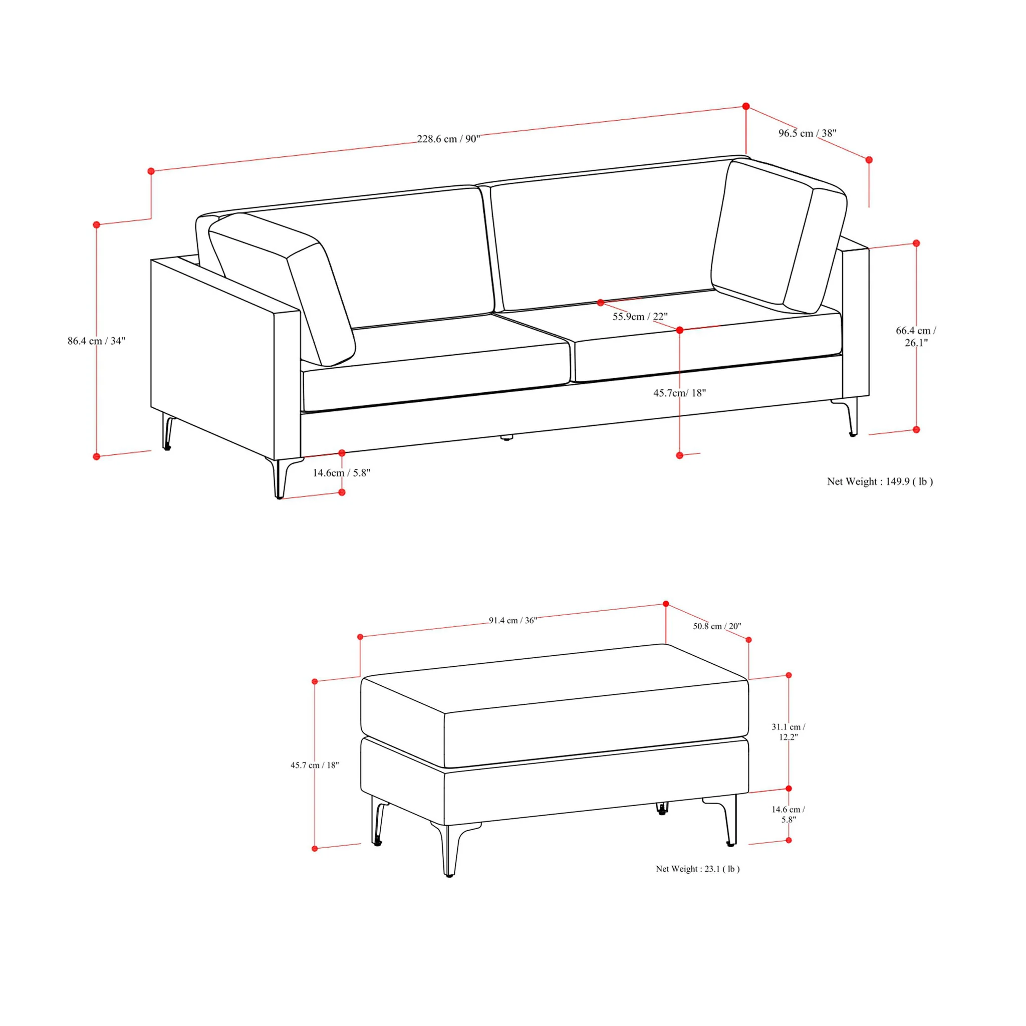 Ava - Mid Century Sofa With Ottoman Set - Image 9