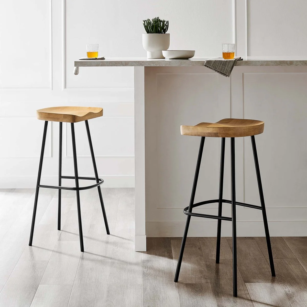 Backless Mango Wood Saddle Seat Bar Stools Set of 2 - Image 2