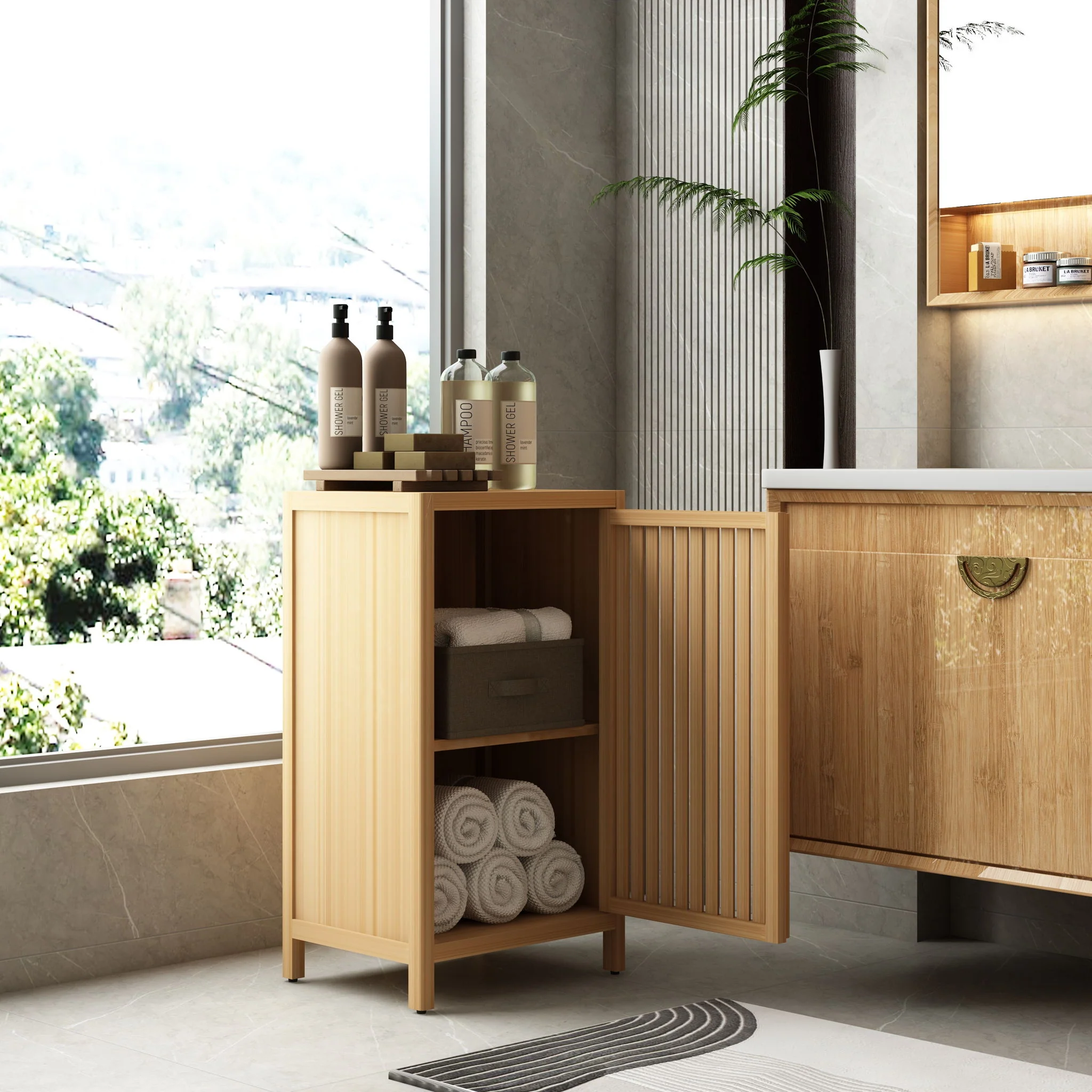 Bamboo Freestanding Storage Cabinet With Door And Shelf For Bathroom, Living Room, Kitchen - Natural / Natural Wood - Image 5