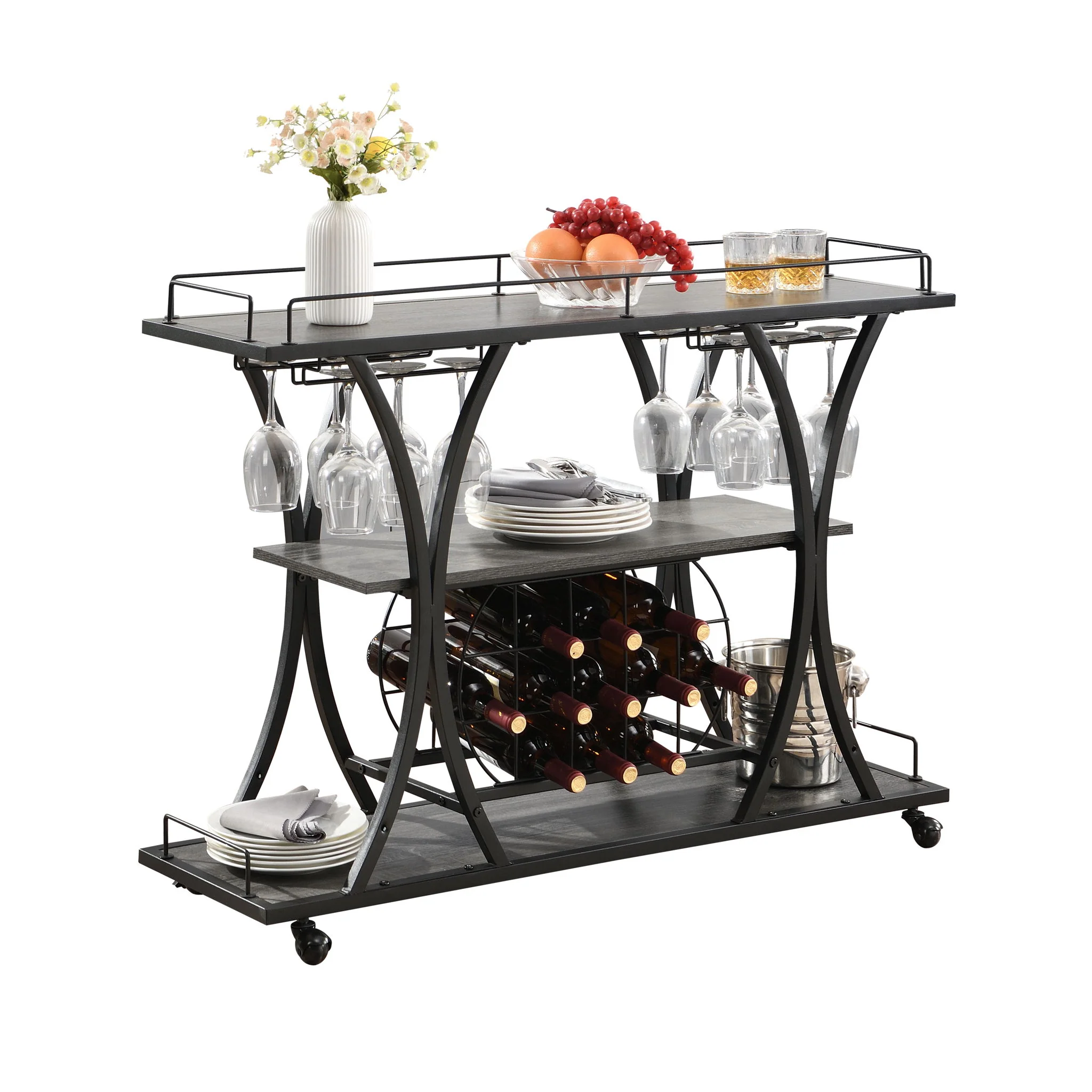 Bar Cart Kitchen Bar & Serving Cart For Home With Wheels 3 Tier Storage Shelves - Black / Gray - Image 9