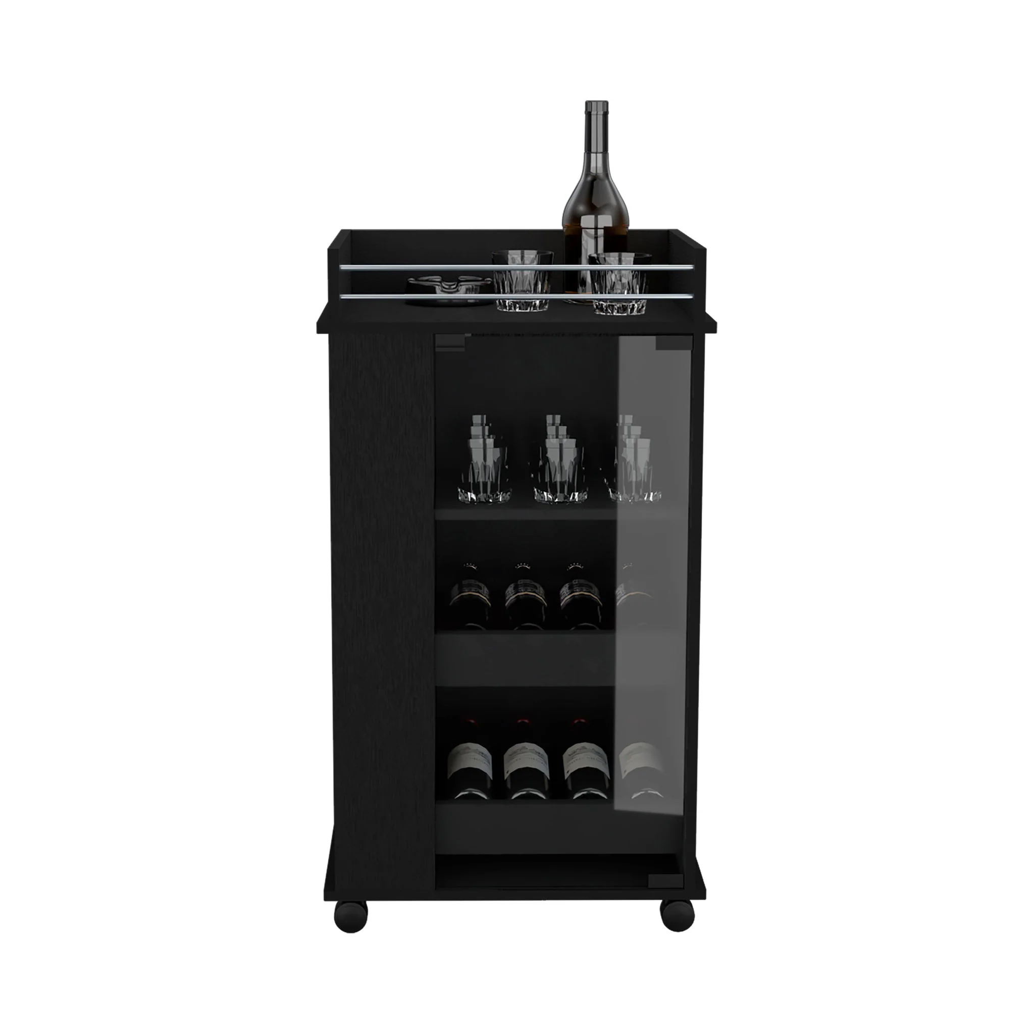 Bar Cart With Glass Door, 2 Side Shelves And Casters - Black - Image 3