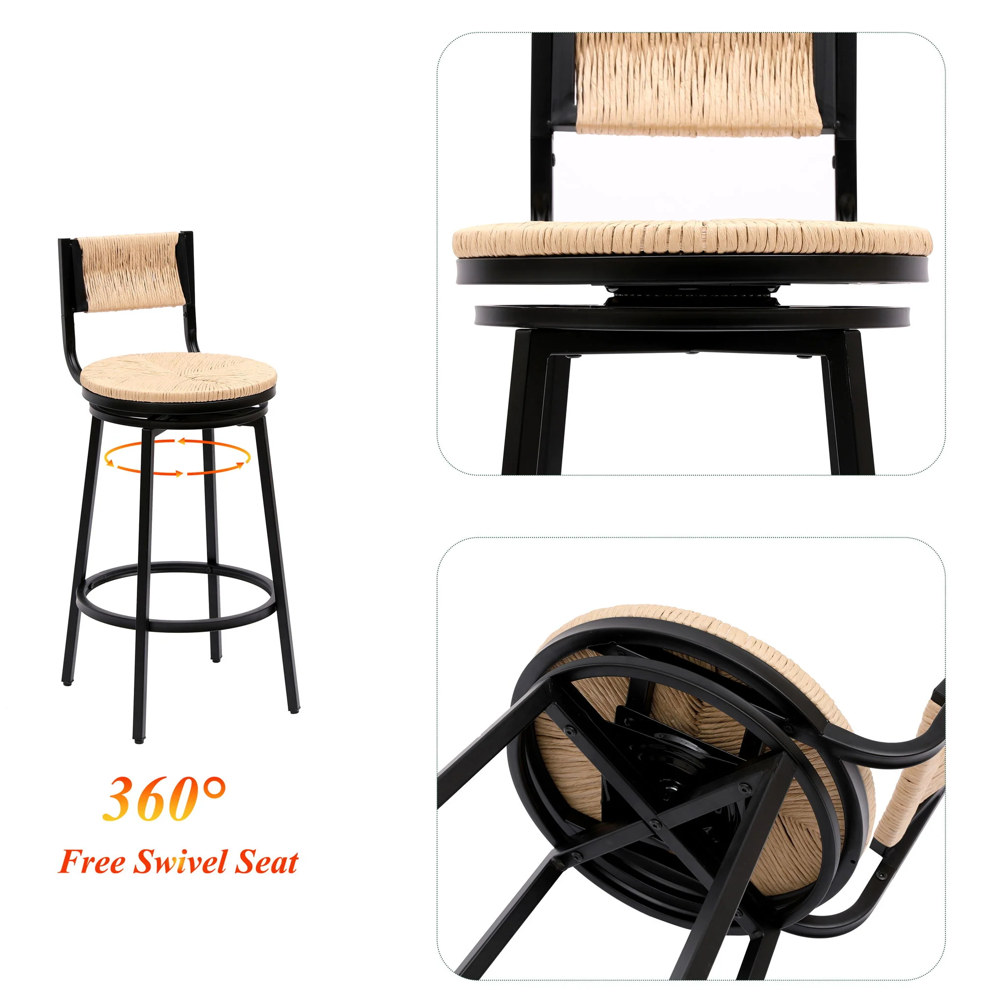 Bar Stools Swivel Counter Chairs With Metal Frame Hand Woven Paper Rope Dining Barstools For Kitchen Counter (Set of 2) - Image 5
