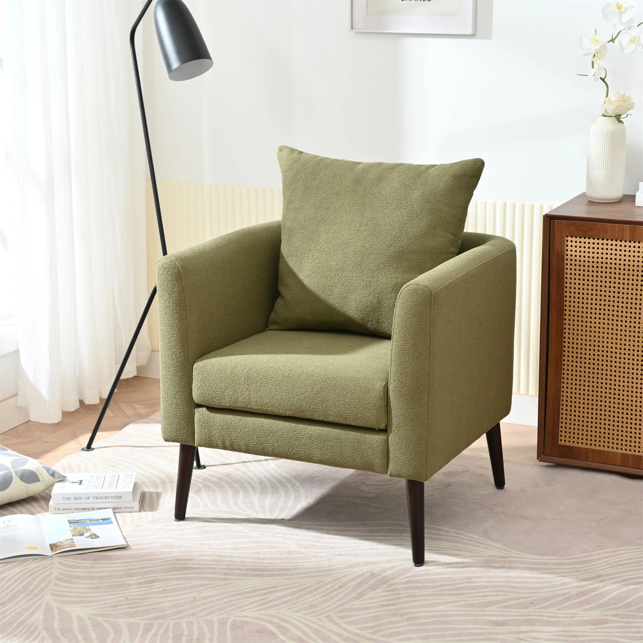 Barrel Chair, Modern Accent Chair, Fabric Armchair Club Chair, Upholstered Arm Chair With Solid Wood Legs, Waist Pillow, Padded Single Chair For Living Room / Bedroom / Study / Waiting Room - Olive Green - Image 2