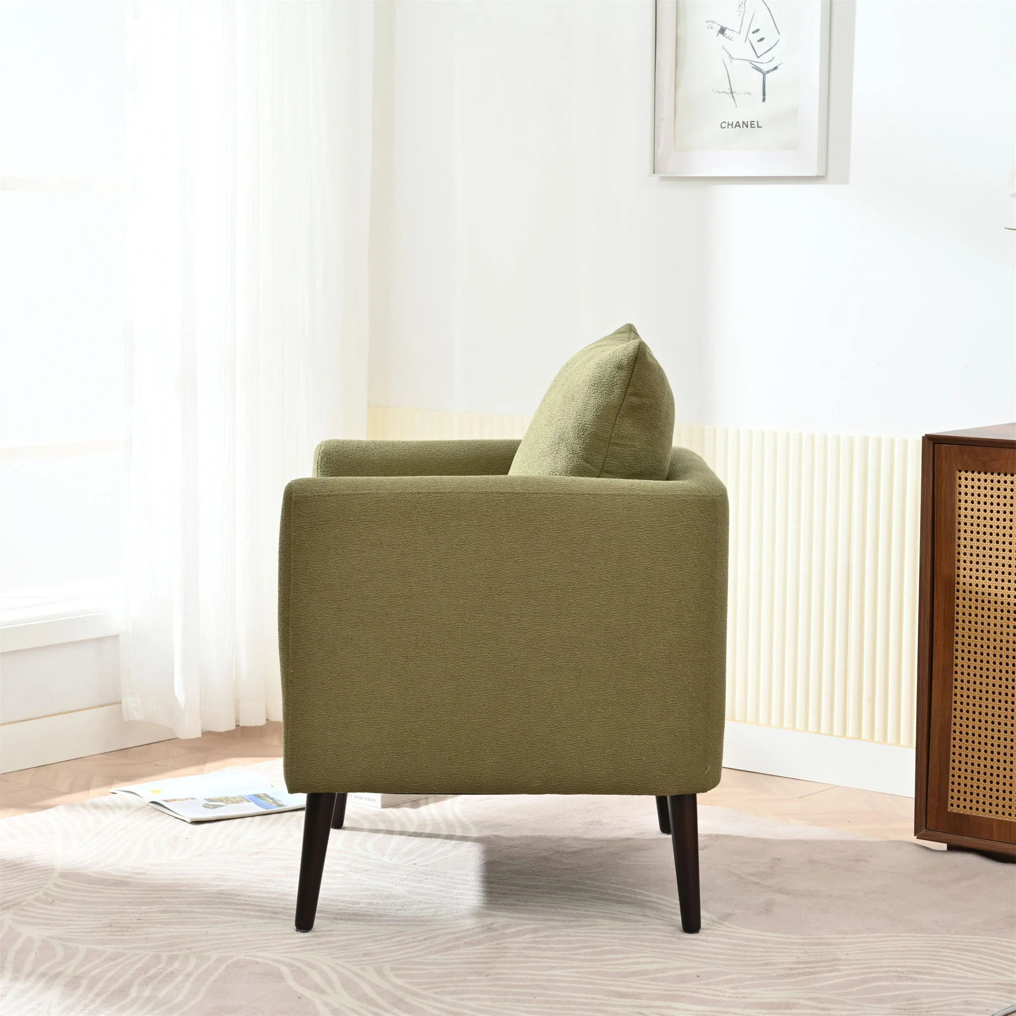 Barrel Chair, Modern Accent Chair, Fabric Armchair Club Chair, Upholstered Arm Chair With Solid Wood Legs, Waist Pillow, Padded Single Chair For Living Room / Bedroom / Study / Waiting Room - Olive Green - Image 3