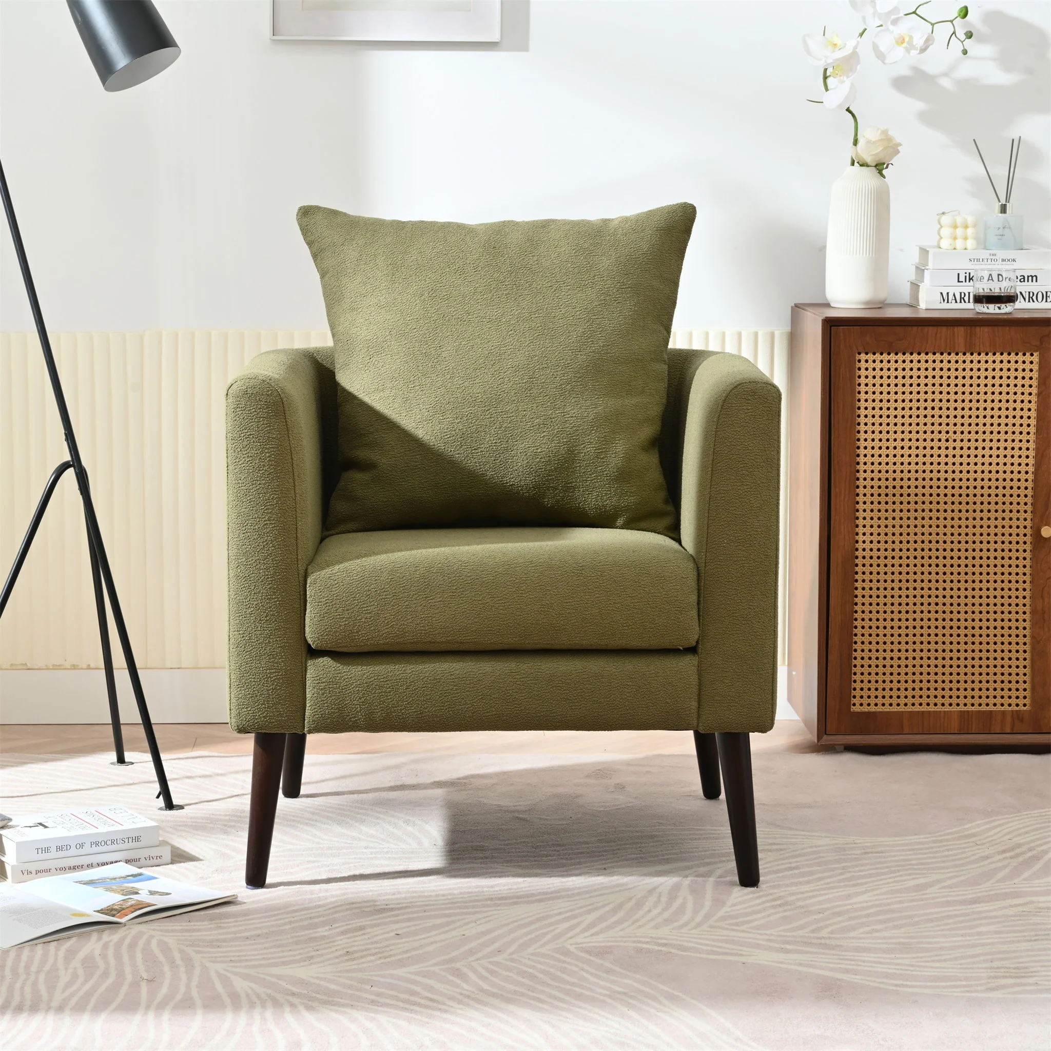 Barrel Chair, Modern Accent Chair, Fabric Armchair Club Chair, Upholstered Arm Chair With Solid Wood Legs, Waist Pillow, Padded Single Chair For Living Room / Bedroom / Study / Waiting Room - Olive Green - Image 4