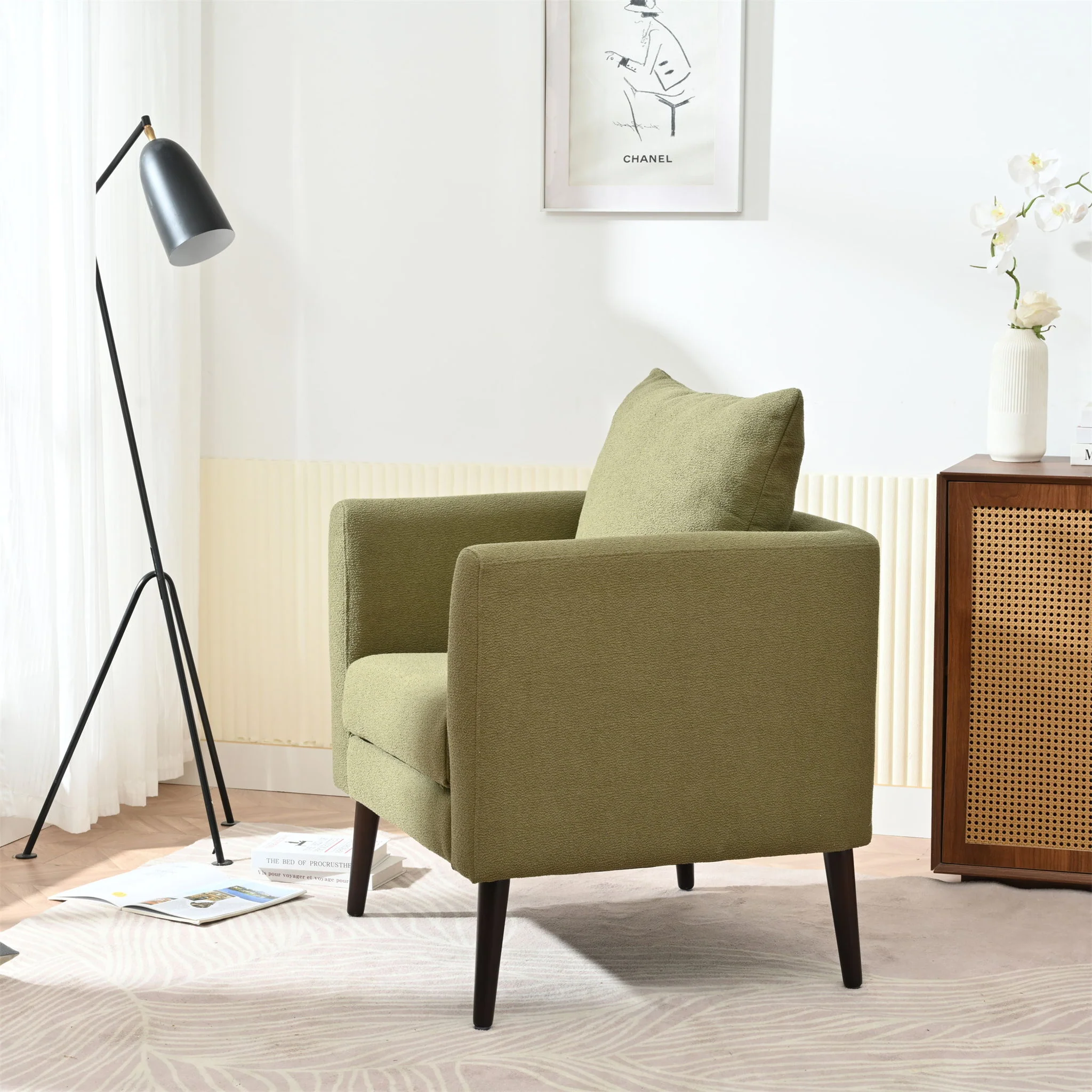 Barrel Chair, Modern Accent Chair, Fabric Armchair Club Chair, Upholstered Arm Chair With Solid Wood Legs, Waist Pillow, Padded Single Chair For Living Room / Bedroom / Study / Waiting Room - Olive Green - Image 5