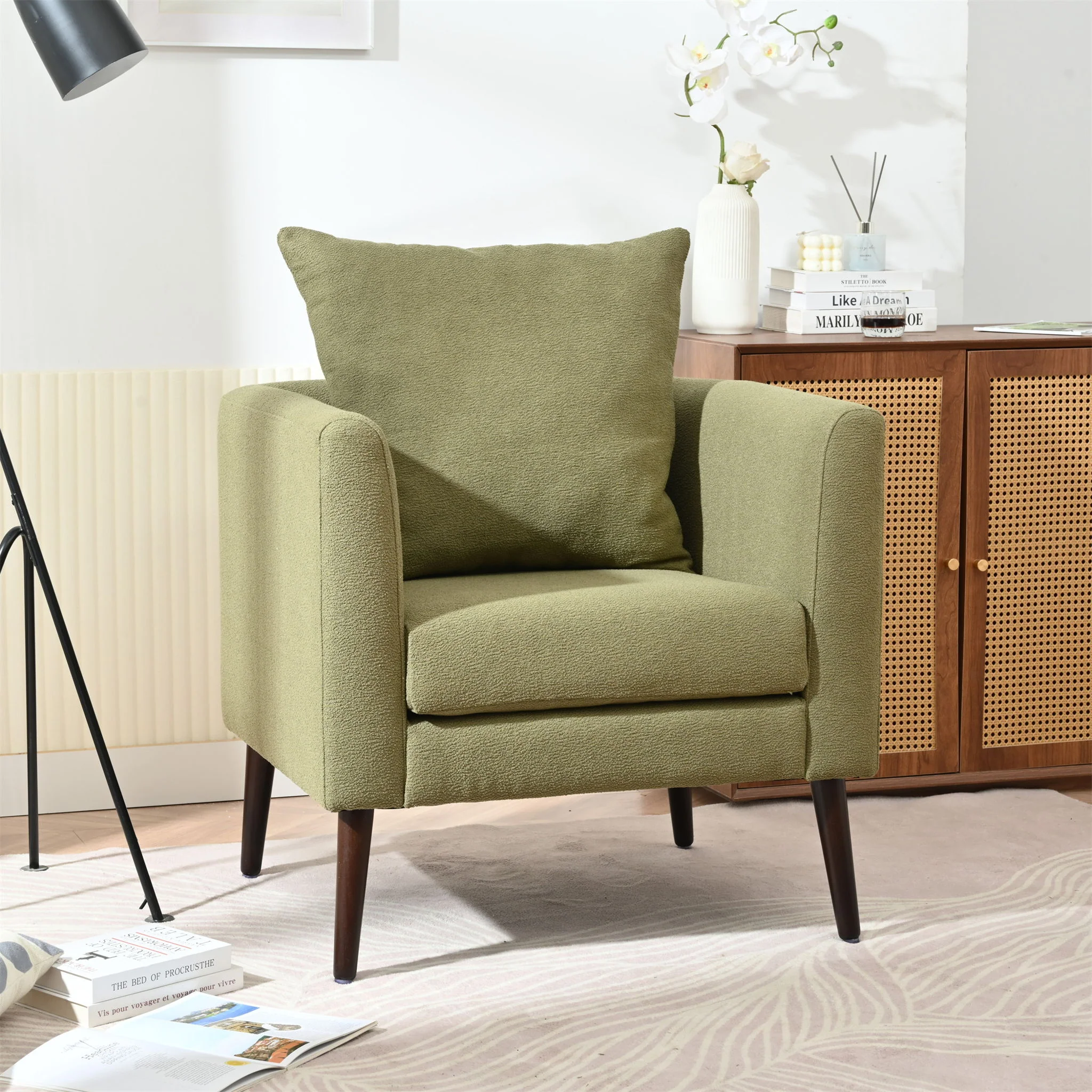 Barrel Chair, Modern Accent Chair, Fabric Armchair Club Chair, Upholstered Arm Chair With Solid Wood Legs, Waist Pillow, Padded Single Chair For Living Room / Bedroom / Study / Waiting Room - Olive Green - Image 6
