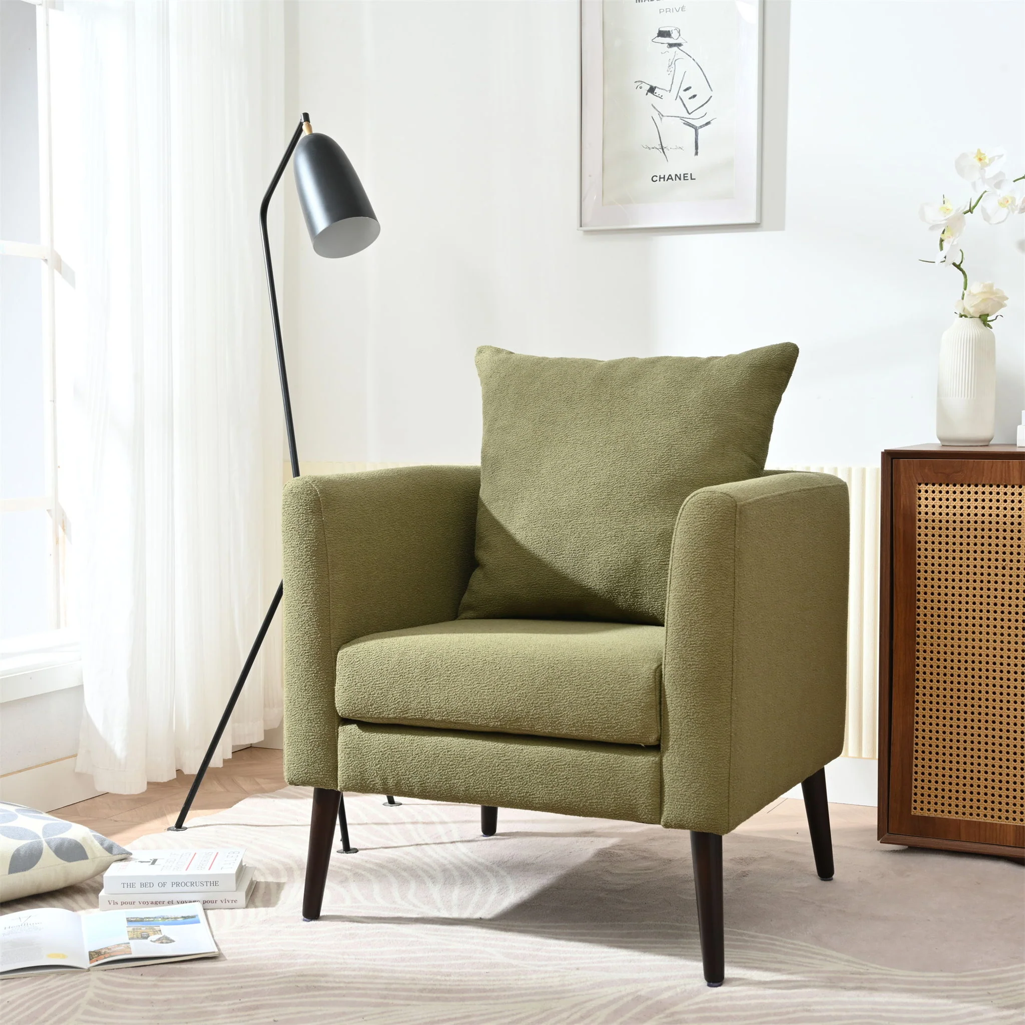Barrel Chair, Modern Accent Chair, Fabric Armchair Club Chair, Upholstered Arm Chair With Solid Wood Legs, Waist Pillow, Padded Single Chair For Living Room / Bedroom / Study / Waiting Room - Olive Green - Image 7