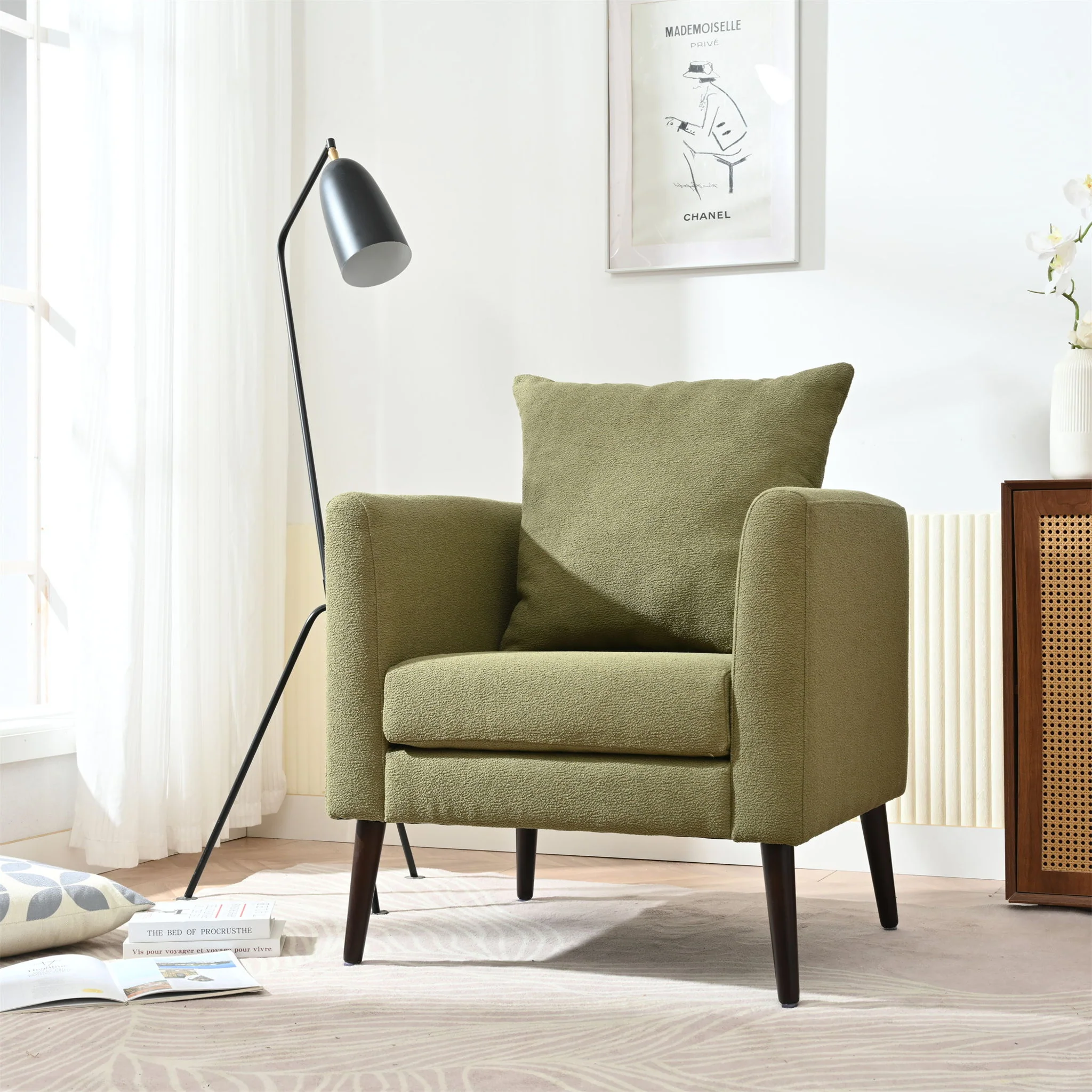 Barrel Chair, Modern Accent Chair, Fabric Armchair Club Chair, Upholstered Arm Chair With Solid Wood Legs, Waist Pillow, Padded Single Chair For Living Room / Bedroom / Study / Waiting Room - Olive Green - Image 8