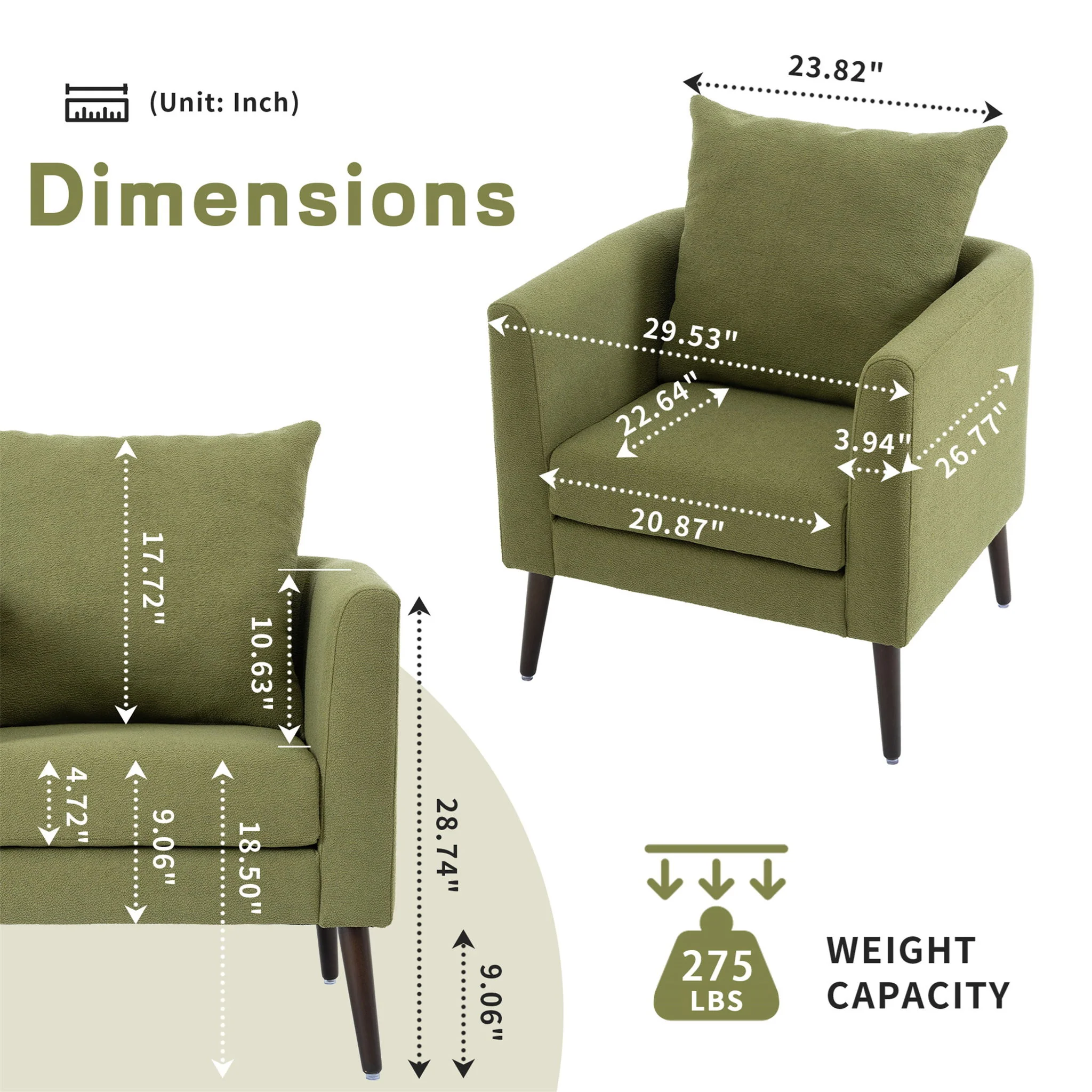 Barrel Chair, Modern Accent Chair, Fabric Armchair Club Chair, Upholstered Arm Chair With Solid Wood Legs, Waist Pillow, Padded Single Chair For Living Room / Bedroom / Study / Waiting Room - Olive Green - Image 9
