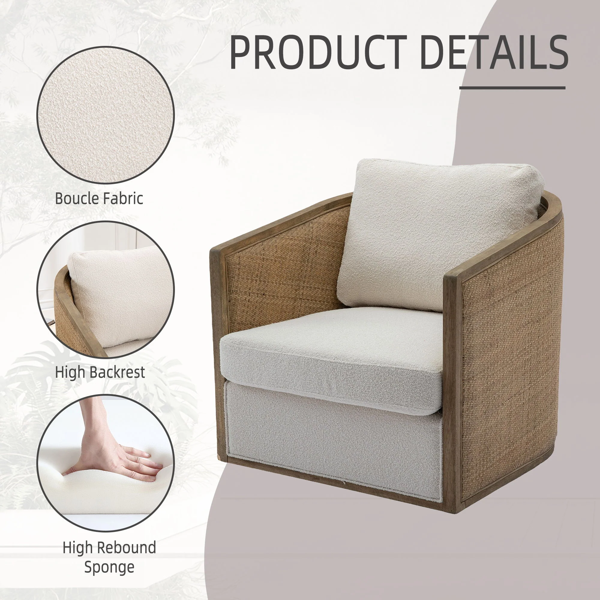 Barrel, Comfy Round Accent Sofa Chair With 360 Degree Swivel, Leisure Arm - Image 6