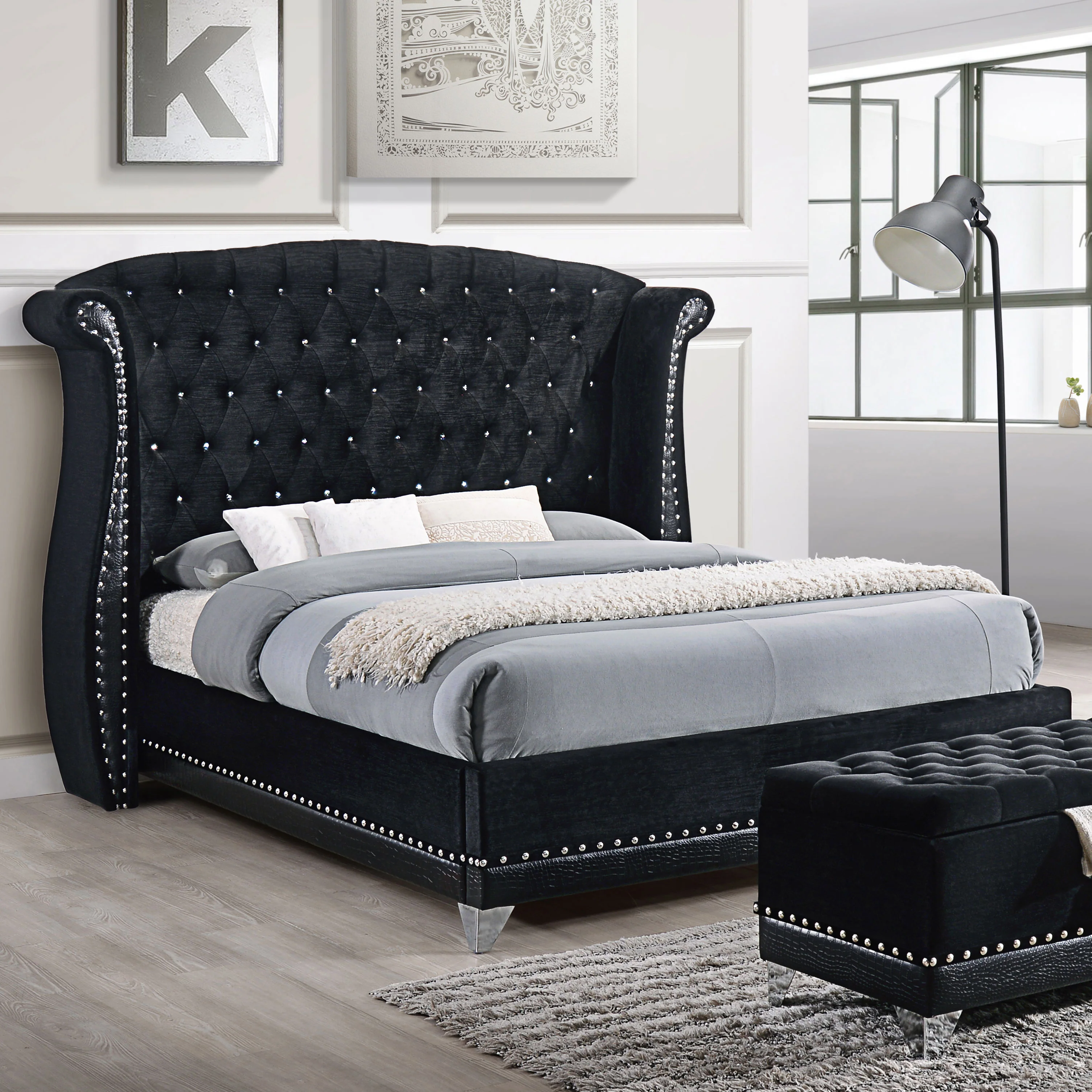 Barzini Upholstered Eastern King Wingback Bed, Black - Image 3