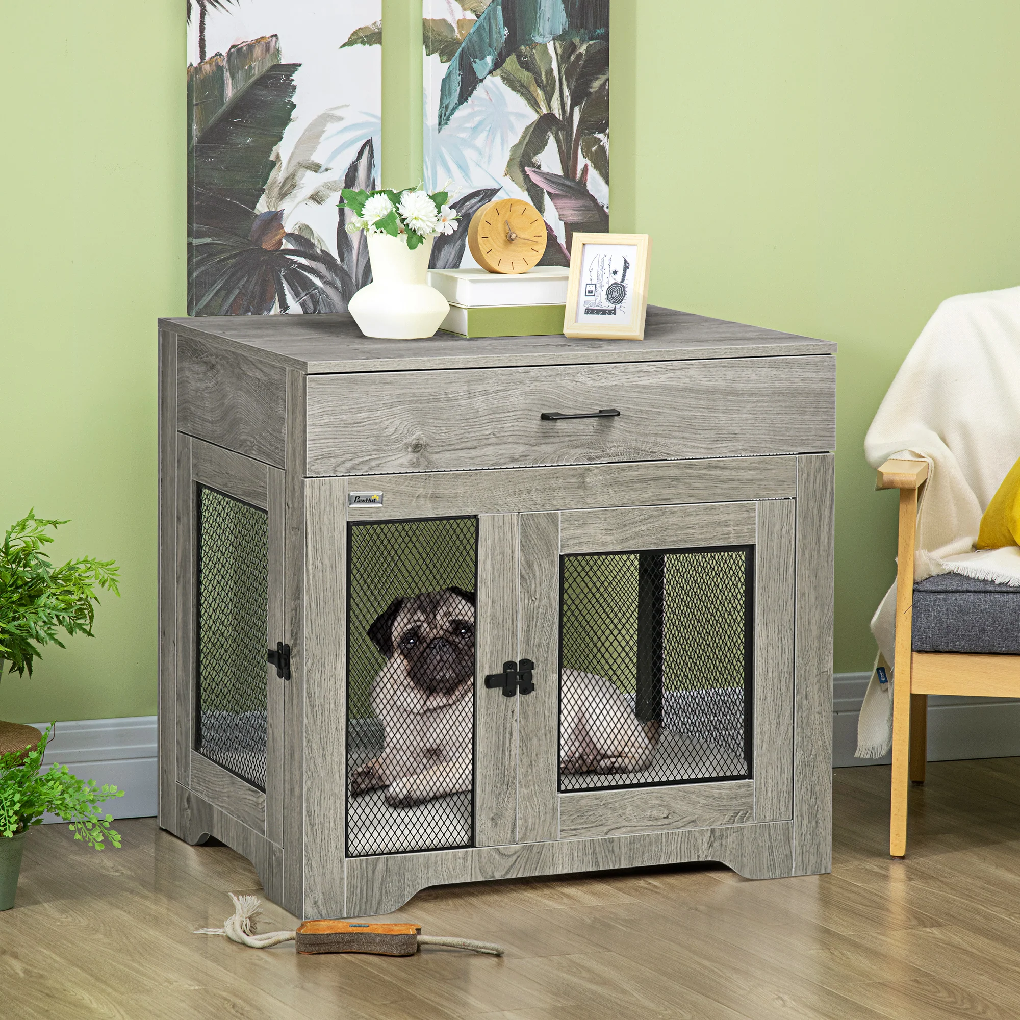 Basalt 31-Inch Dog Crate Furniture End Table with Drawer and Cushion - Image 9