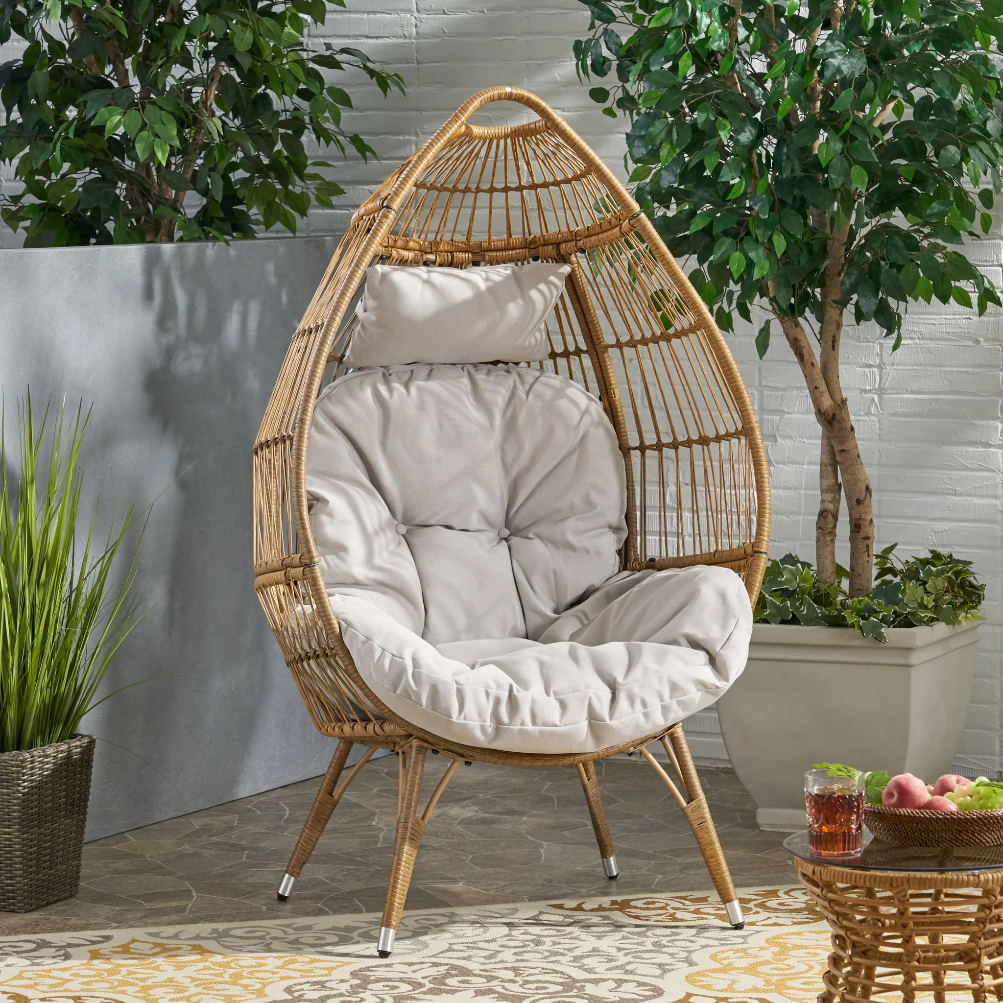 Basket Chair With Teardrop Shape And Water Resistant Cushion - Natural - Image 4