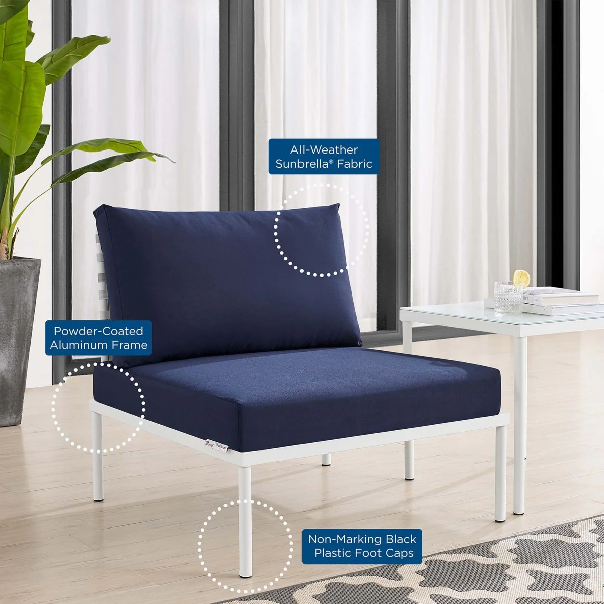 Basket Weave Aluminum Outdoor Armless Chair with Sunbrella® Cushions — Weather-Resistant - Image 2