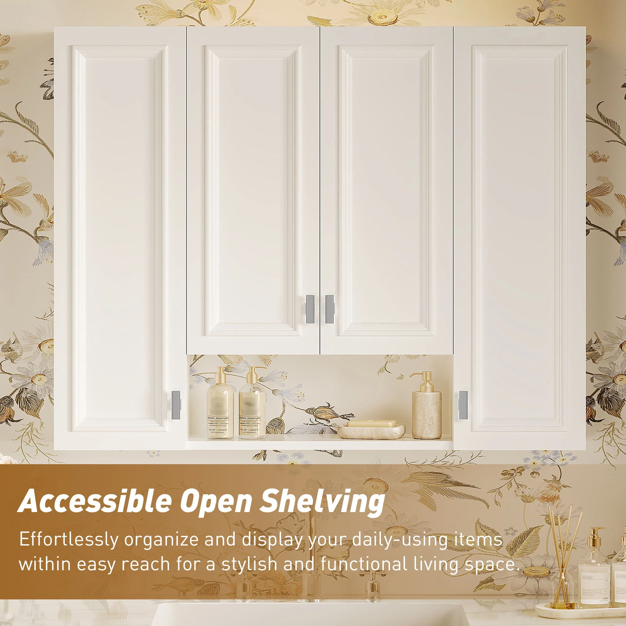Bathroom Cabinet With 5 Adjustable Shelves, Wall-Mounted Medicine Cabinet, Soft-Closing Hinges, Open Shelving Design - White - Image 2