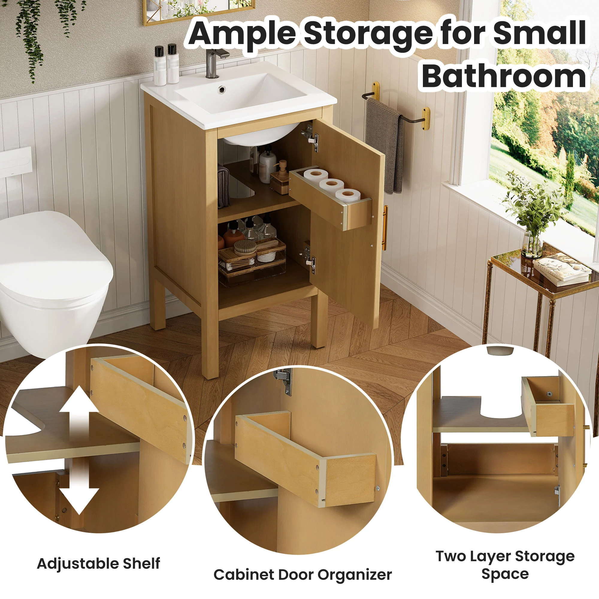 Bathroom Cabinet With Sink, Adjustable Shelf, Soft Closing Hinges - Natural Wood - Image 4