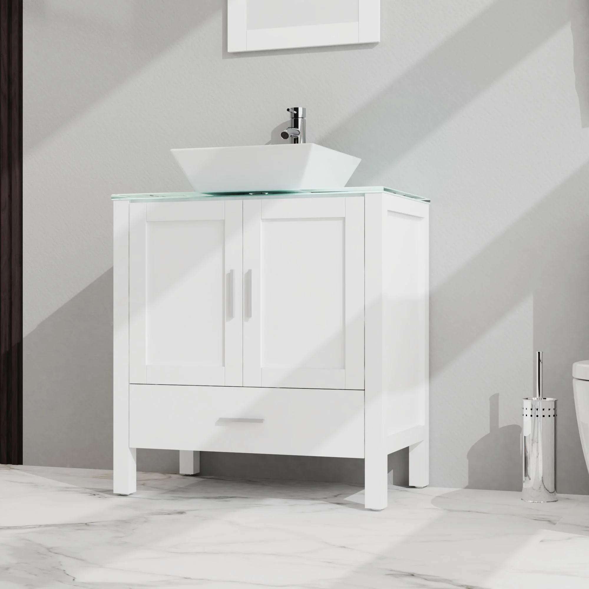 Bathroom Vanity And Sink Combo Glass Top Cabinet With Mirror - Image 2