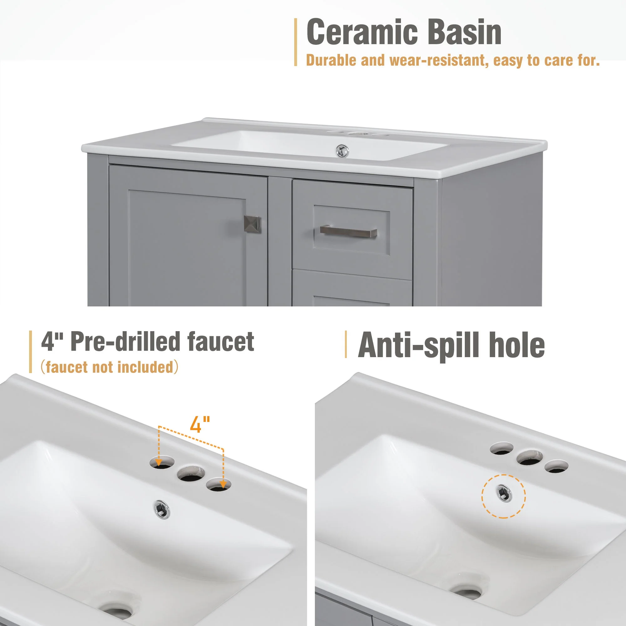 Bathroom Vanity, Modern Bathroom Cabinet With Sink Combo Set, Bathroom Storage Cabinet With A Soft Closing Door And 3 Drawers, Solid Wood Frame - Image 11