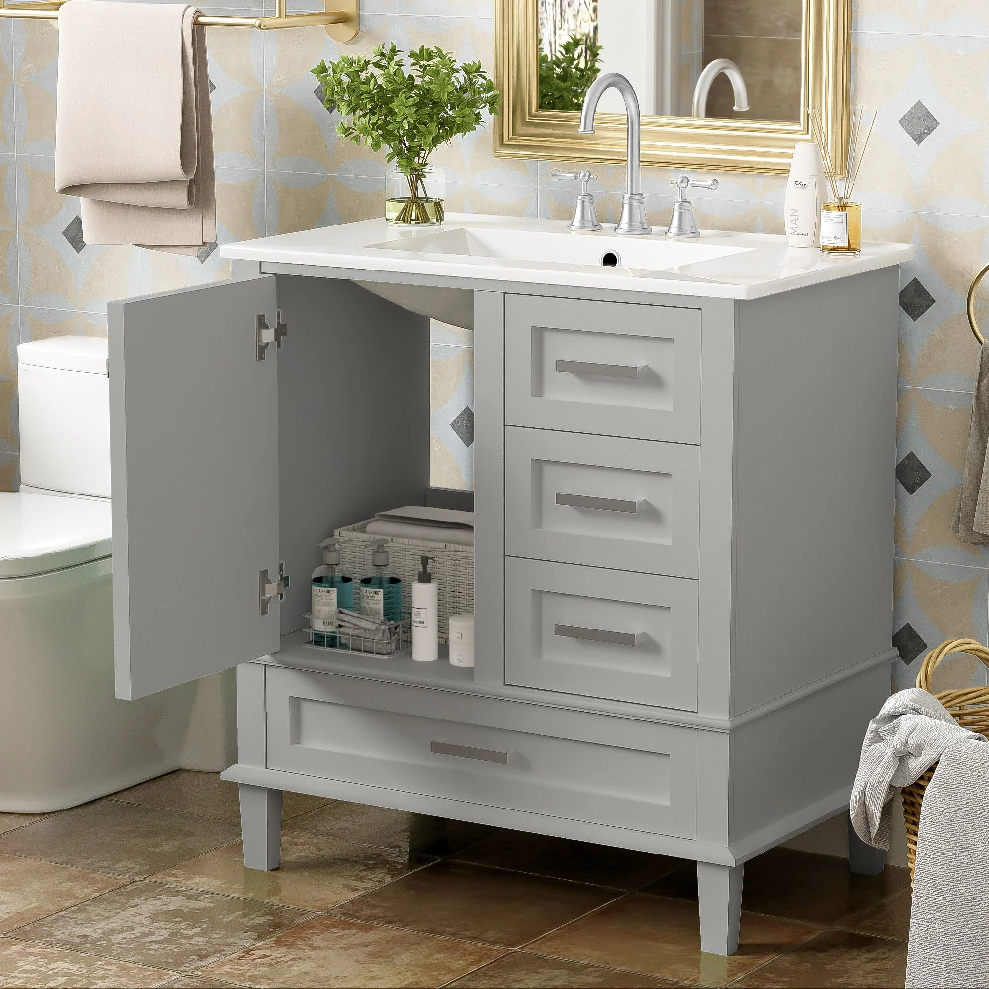 Bathroom Vanity, Modern Bathroom Cabinet With Sink Combo Set, Bathroom Storage Cabinet With A Soft Closing Door And 3 Drawers, Solid Wood Frame - Image 53
