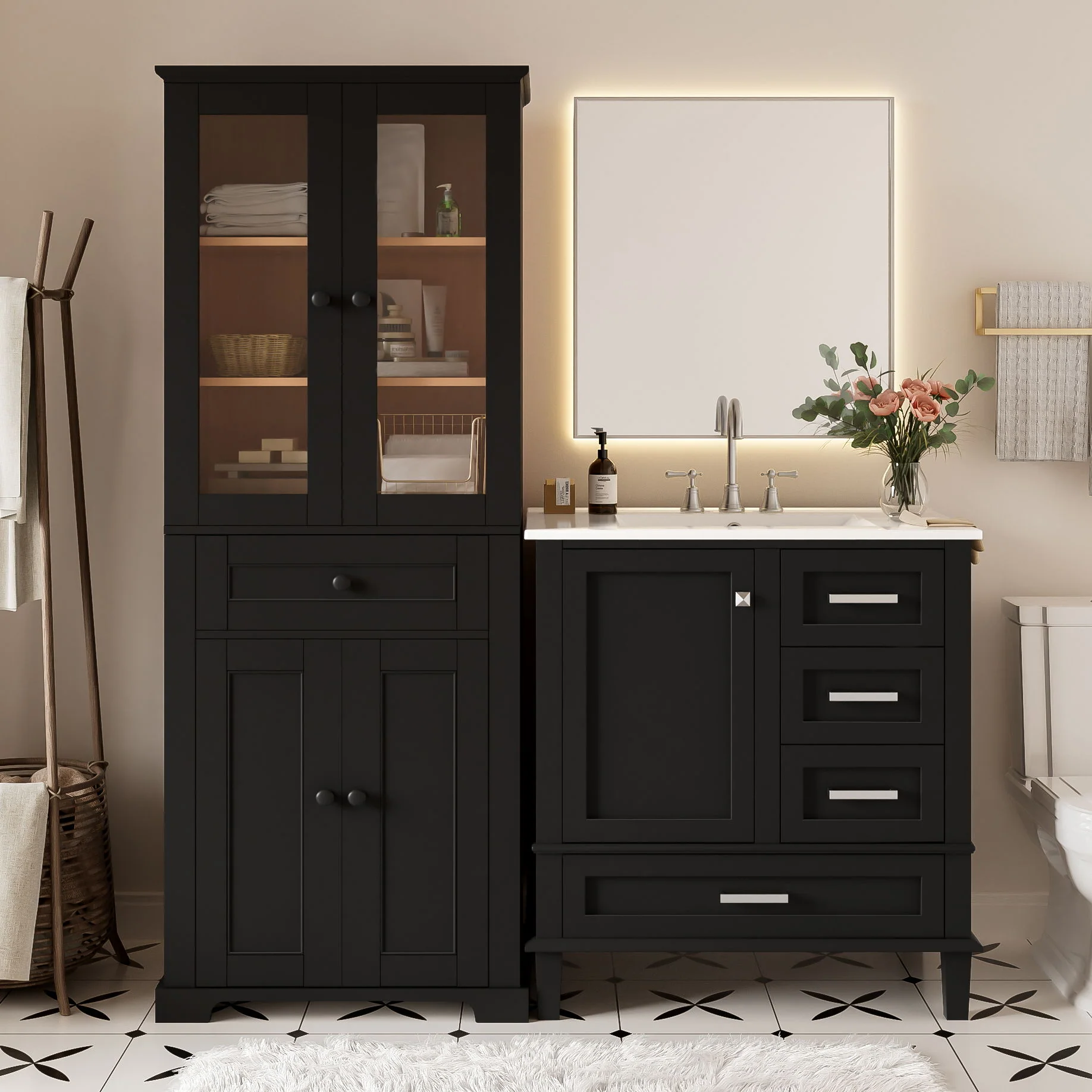 Bathroom Vanity & Tall Storage Cabinet Set With Doors, Adjustable Shelves, Soft Close Hinges, Sink - Image 11