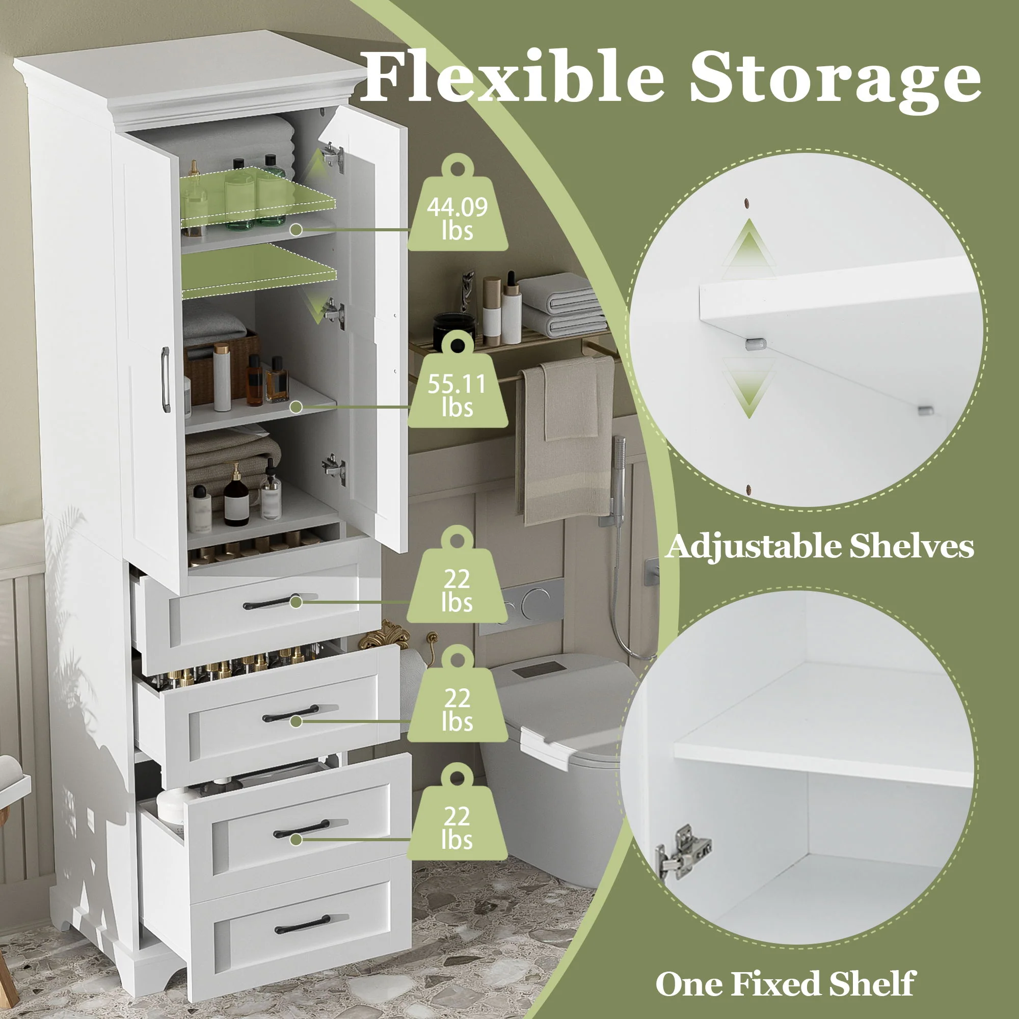Bathroom Vanity With 2 Damping Hinge Doors, 3 Drawers, Adjustable Shelves - White - Image 5