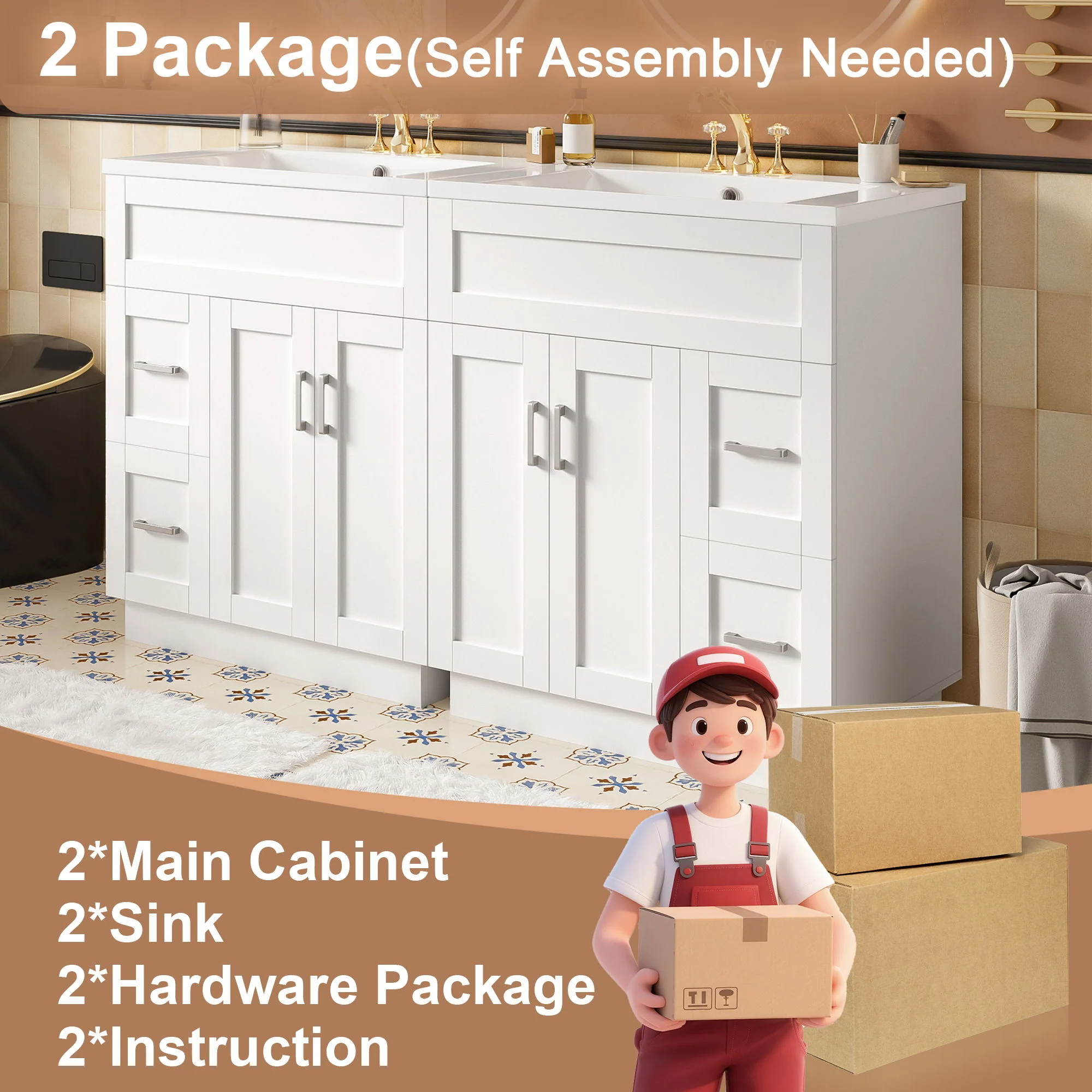 Bathroom Vanity With 4 Cabinet Doors, 4 Drawers, Dual Sinks, Hidden Soft Close Slides And Hinges - White - Image 3