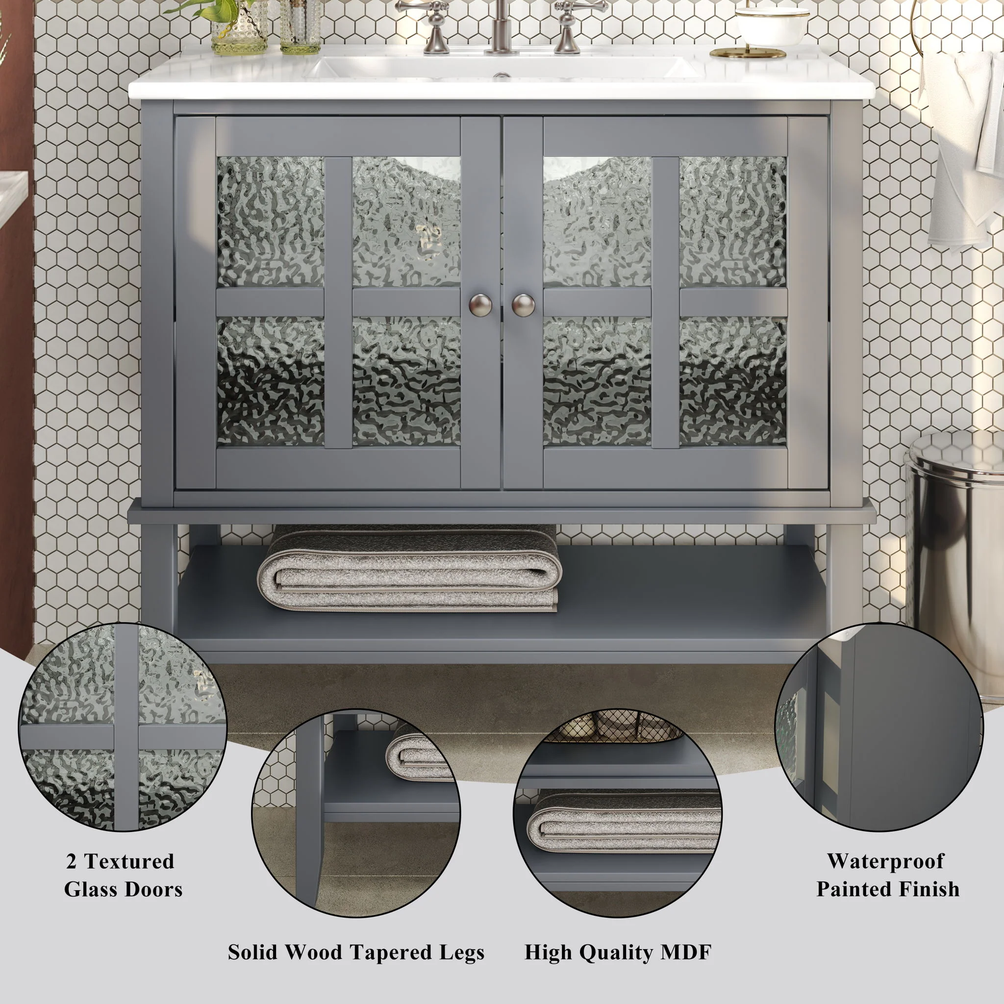 Bathroom Vanity With Ceramic Sink, Adjustable & Open Shelf - Image 14