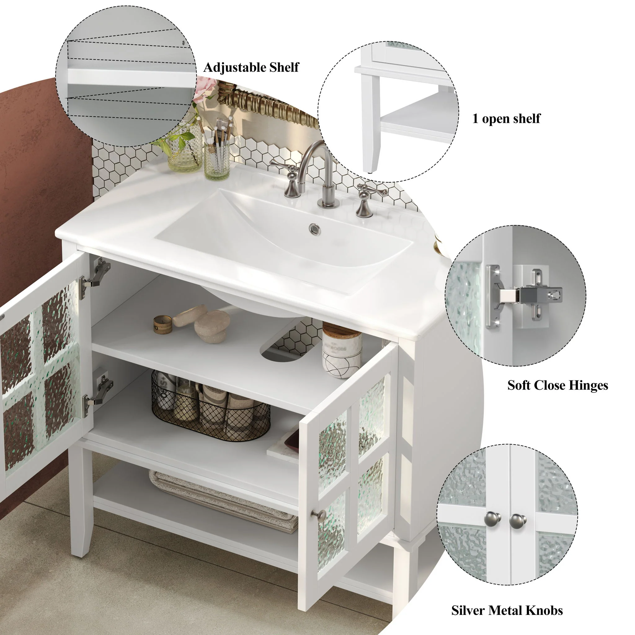 Bathroom Vanity With Ceramic Sink, Adjustable & Open Shelf - Image 17