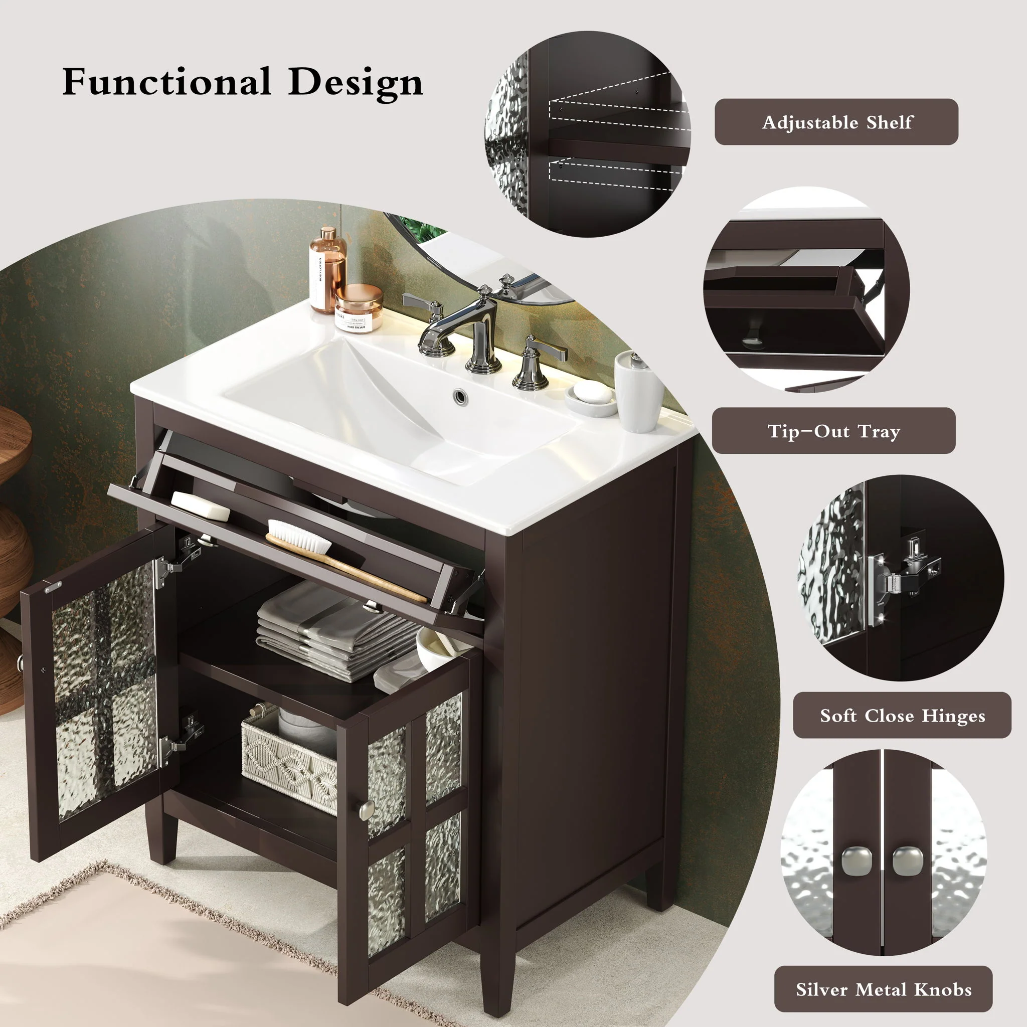 Bathroom Vanity With Ceramic Sink, Adjustable Shelf & Tip Out Tray - Image 7