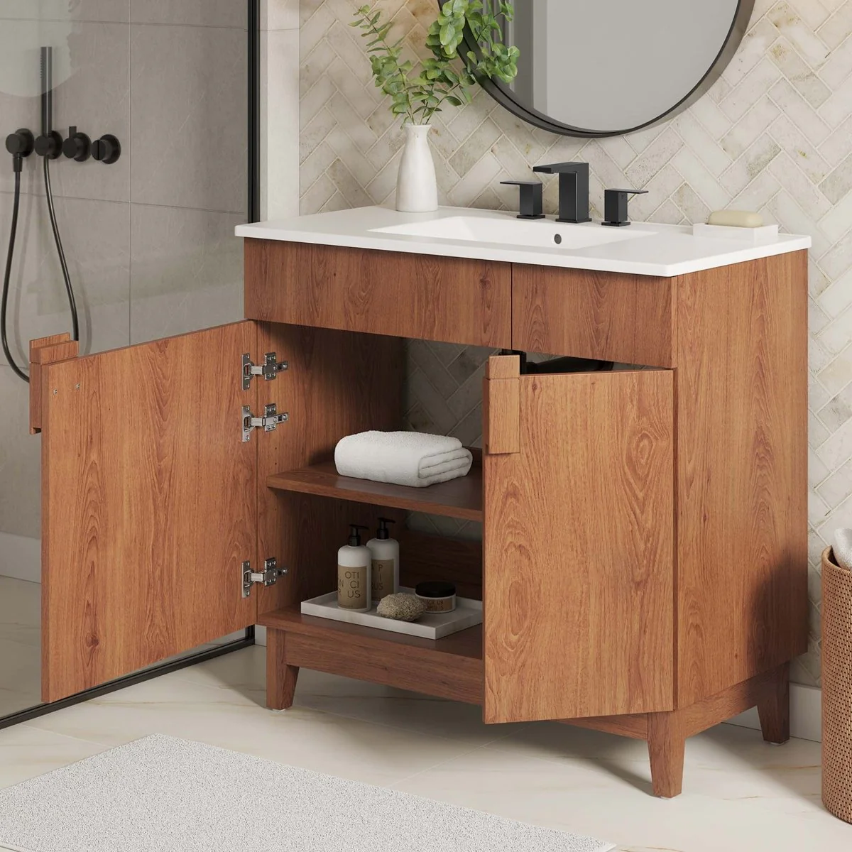 Bathroom Vanity with Ceramic Sink and Storage Cabinet for Bath, Contemporary Vanity Unit - Image 103