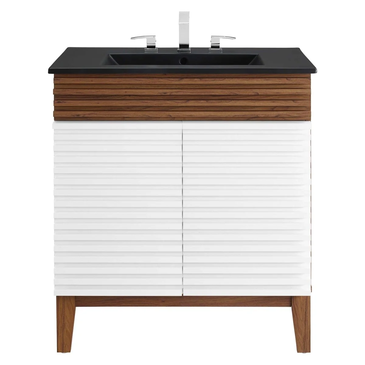 Bathroom Vanity with Ceramic Sink and Storage Shelf, Modern Wood and Black Design - Image 118