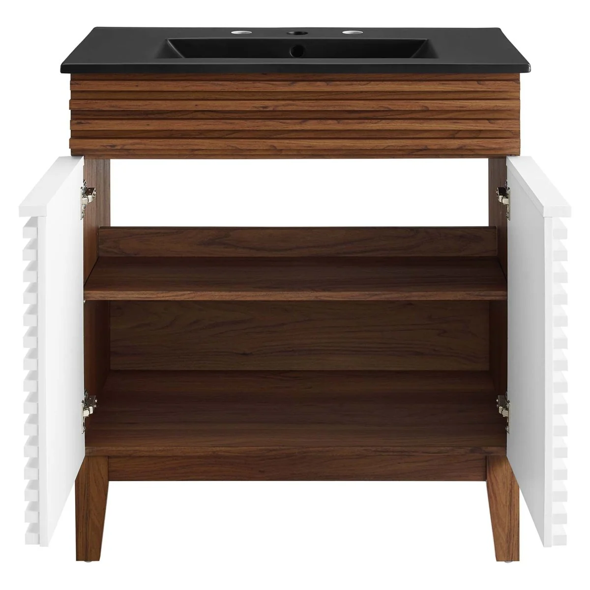 Bathroom Vanity with Ceramic Sink and Storage Shelf, Modern Wood and Black Design - Image 119