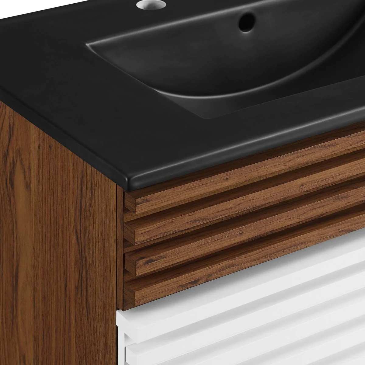 Bathroom Vanity with Ceramic Sink and Storage Shelf, Modern Wood and Black Design - Image 121