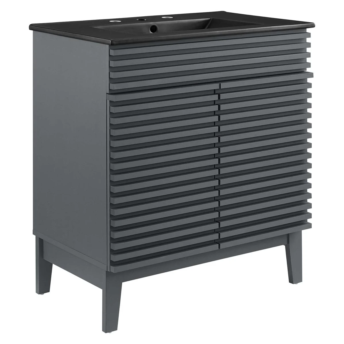 Bathroom Vanity with Ceramic Sink and Storage Shelf, Modern Wood and Black Design - Image 132