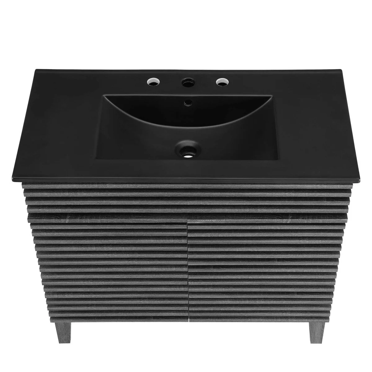 Bathroom Vanity with Ceramic Sink and Storage Shelf, Modern Wood and Black Design - Image 155