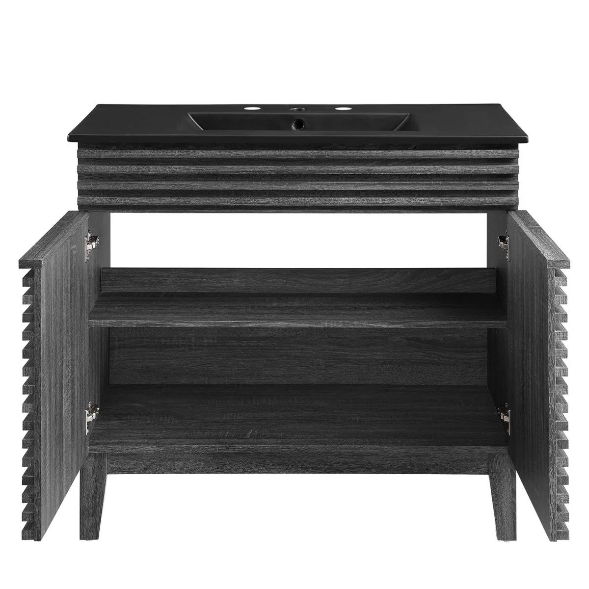 Bathroom Vanity with Ceramic Sink and Storage Shelf, Modern Wood and Black Design - Image 156