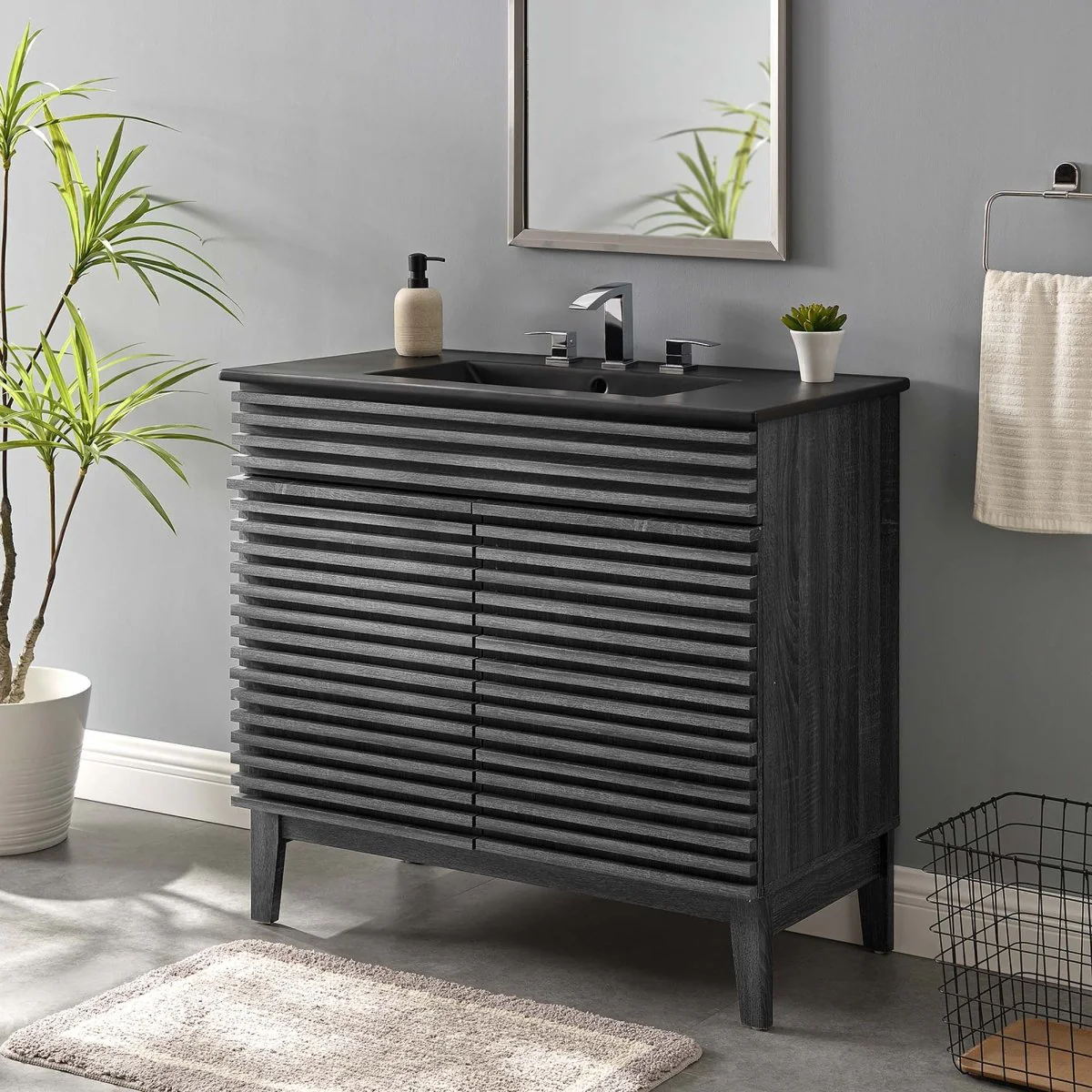 Bathroom Vanity with Ceramic Sink and Storage Shelf, Modern Wood and Black Design - Image 158
