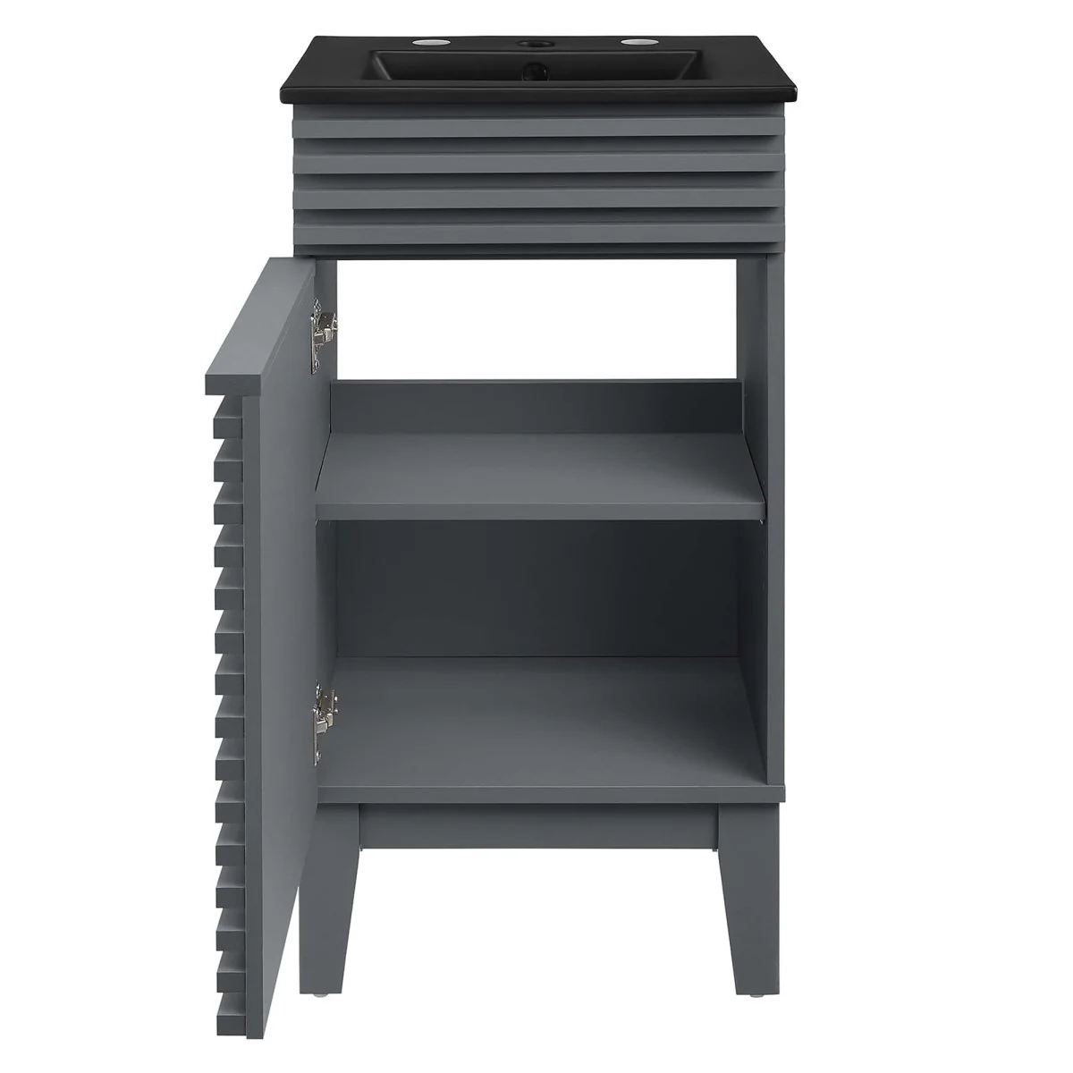 Bathroom Vanity with Ceramic Sink and Storage Shelf, Modern Wood and Black Design - Image 16