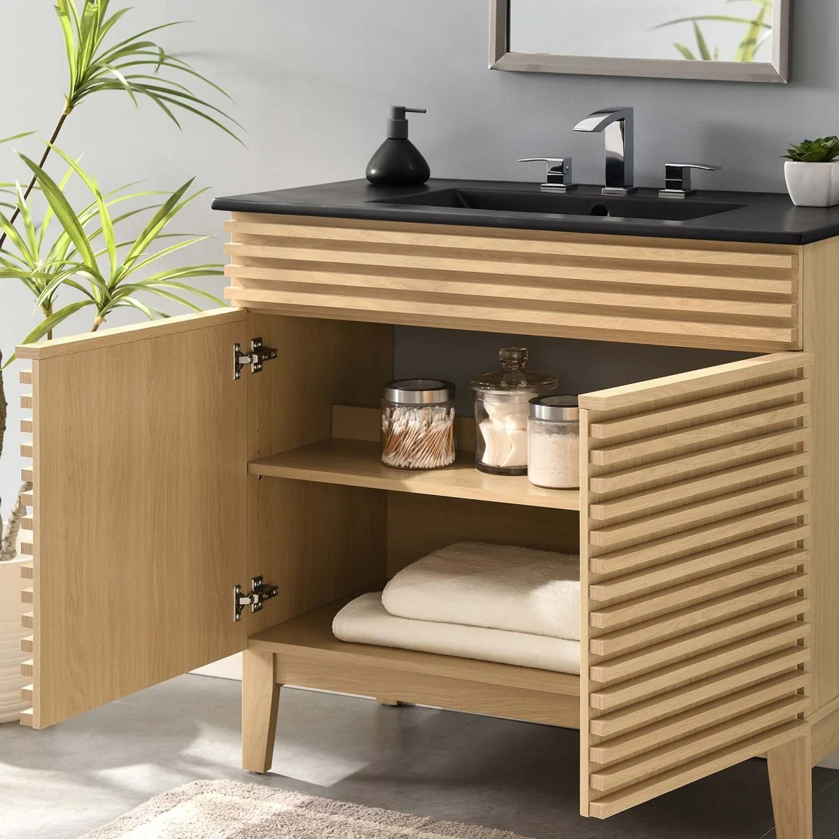 Bathroom Vanity with Ceramic Sink and Storage Shelf, Modern Wood and Black Design - Image 170