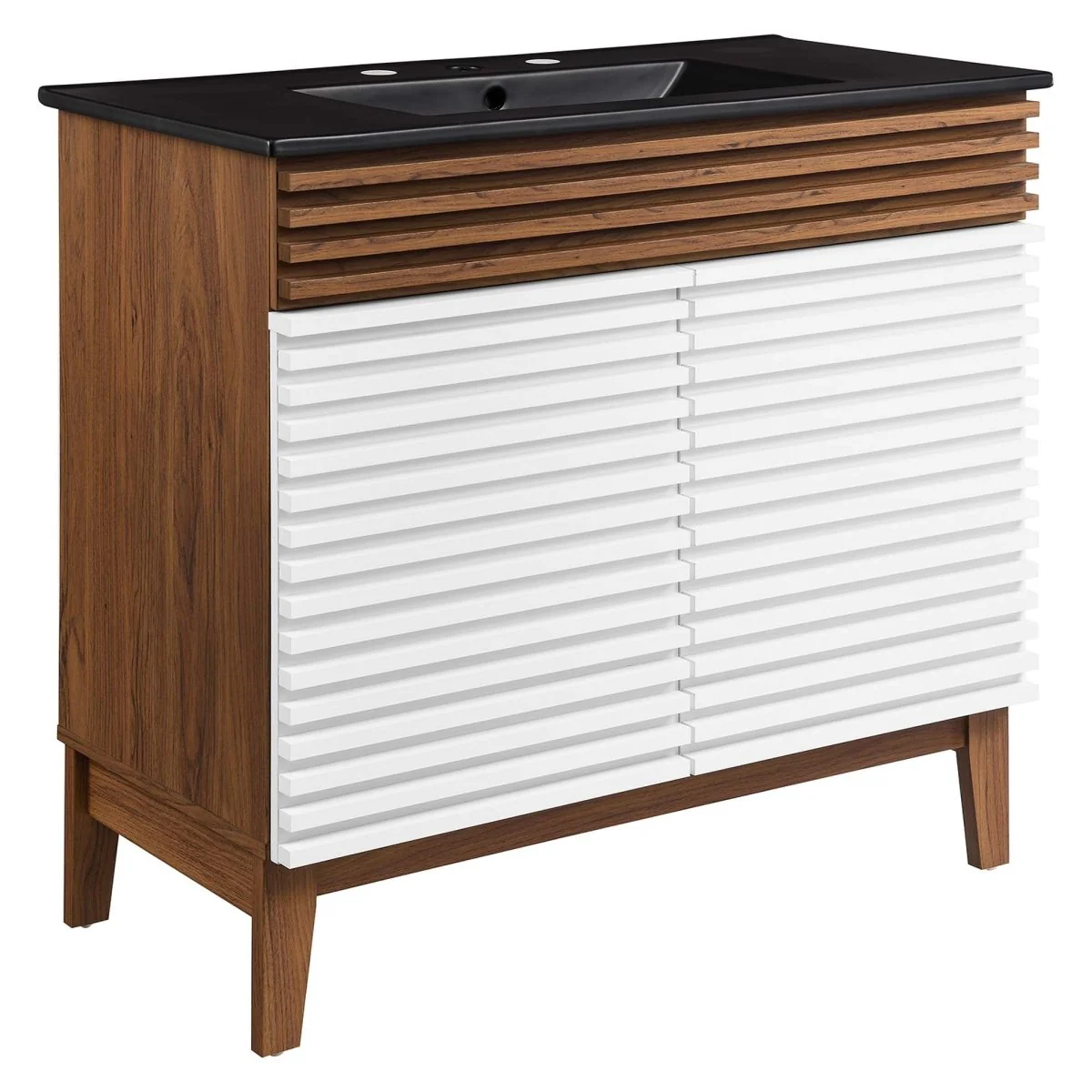 Bathroom Vanity with Ceramic Sink and Storage Shelf, Modern Wood and Black Design - Image 177